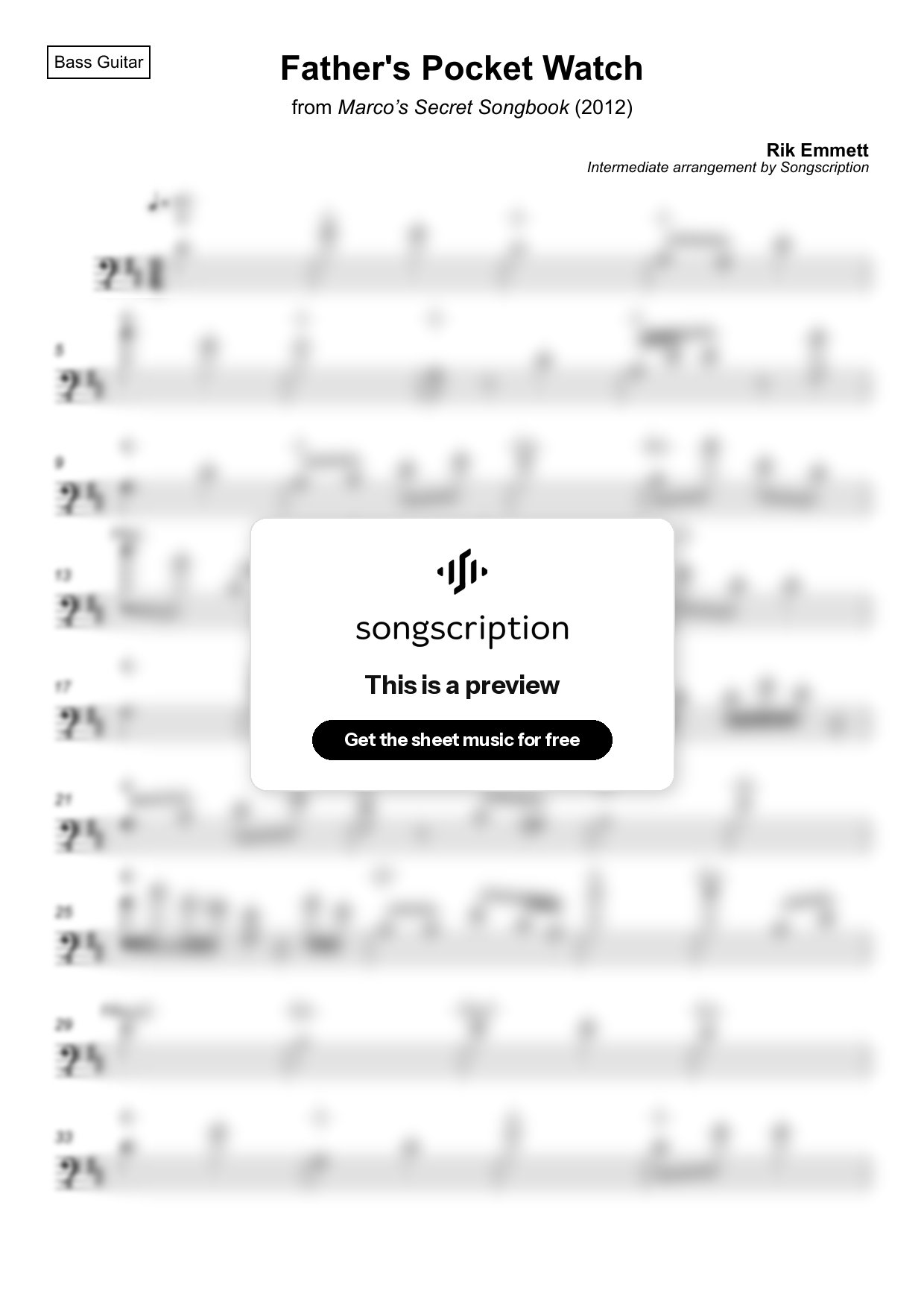 Intermediate Bass Guitar Sheet Music for "Father's Pocket Watch" by Rik Emmett