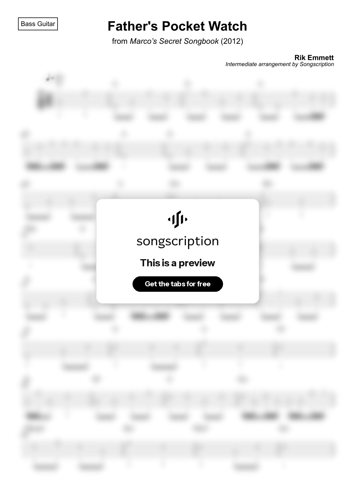 Intermediate Bass Guitar Tabs for "Father's Pocket Watch" by Rik Emmett