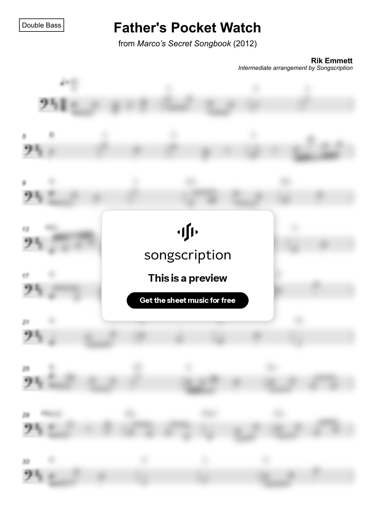 Intermediate Double Bass Sheet Music for "Father's Pocket Watch" by Rik Emmett