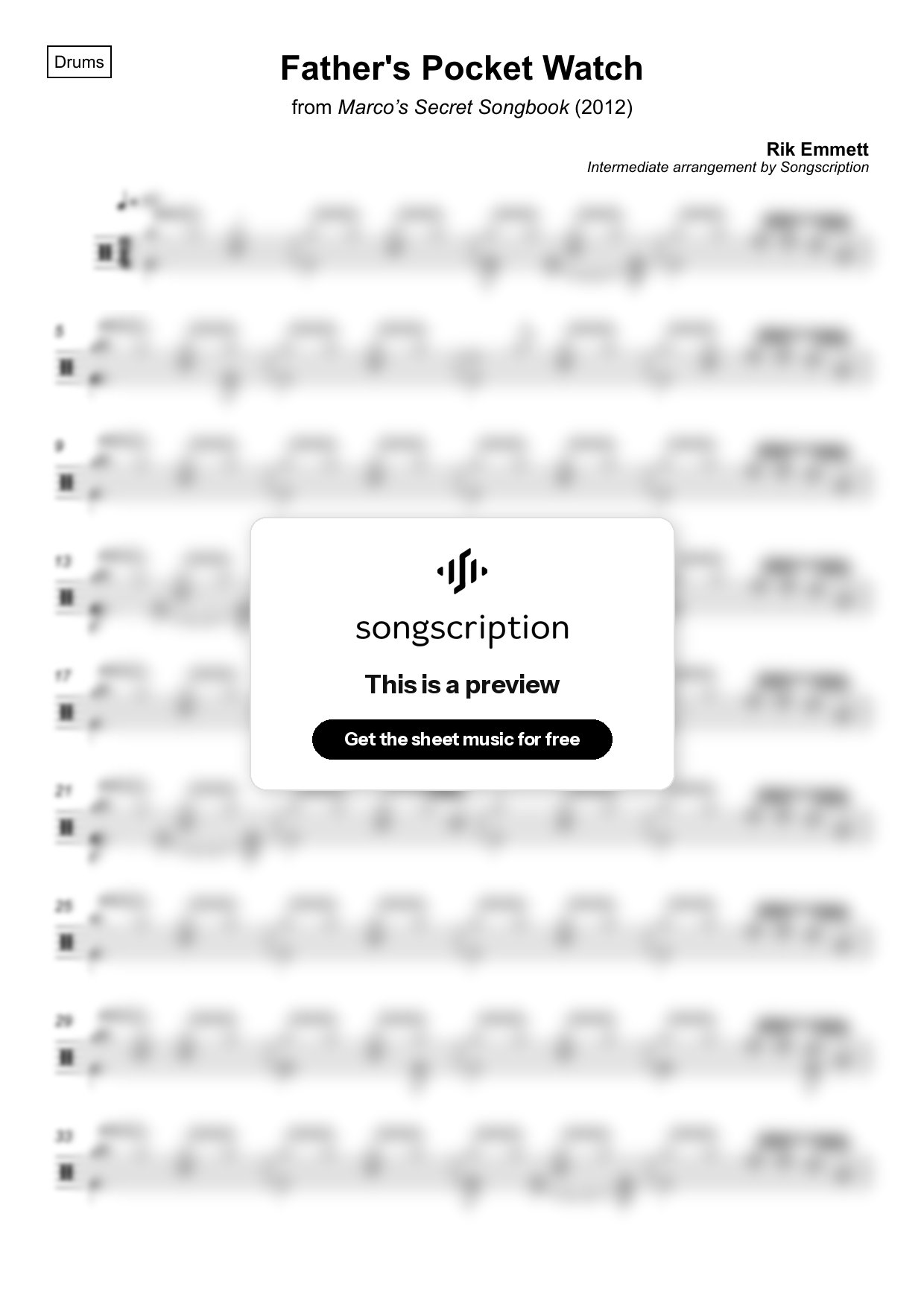 Intermediate Drums Sheet Music for "Father's Pocket Watch" by Rik Emmett