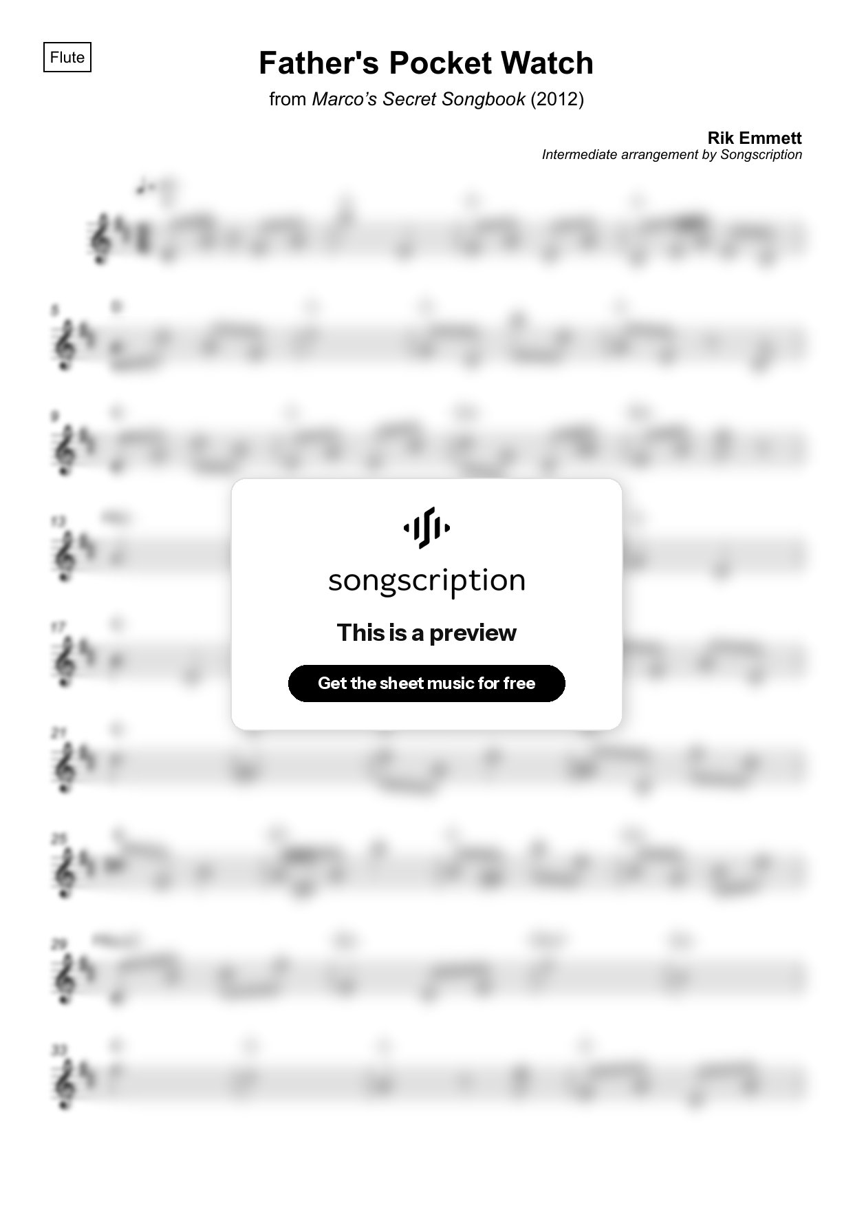 Intermediate Flute Sheet Music for "Father's Pocket Watch" by Rik Emmett