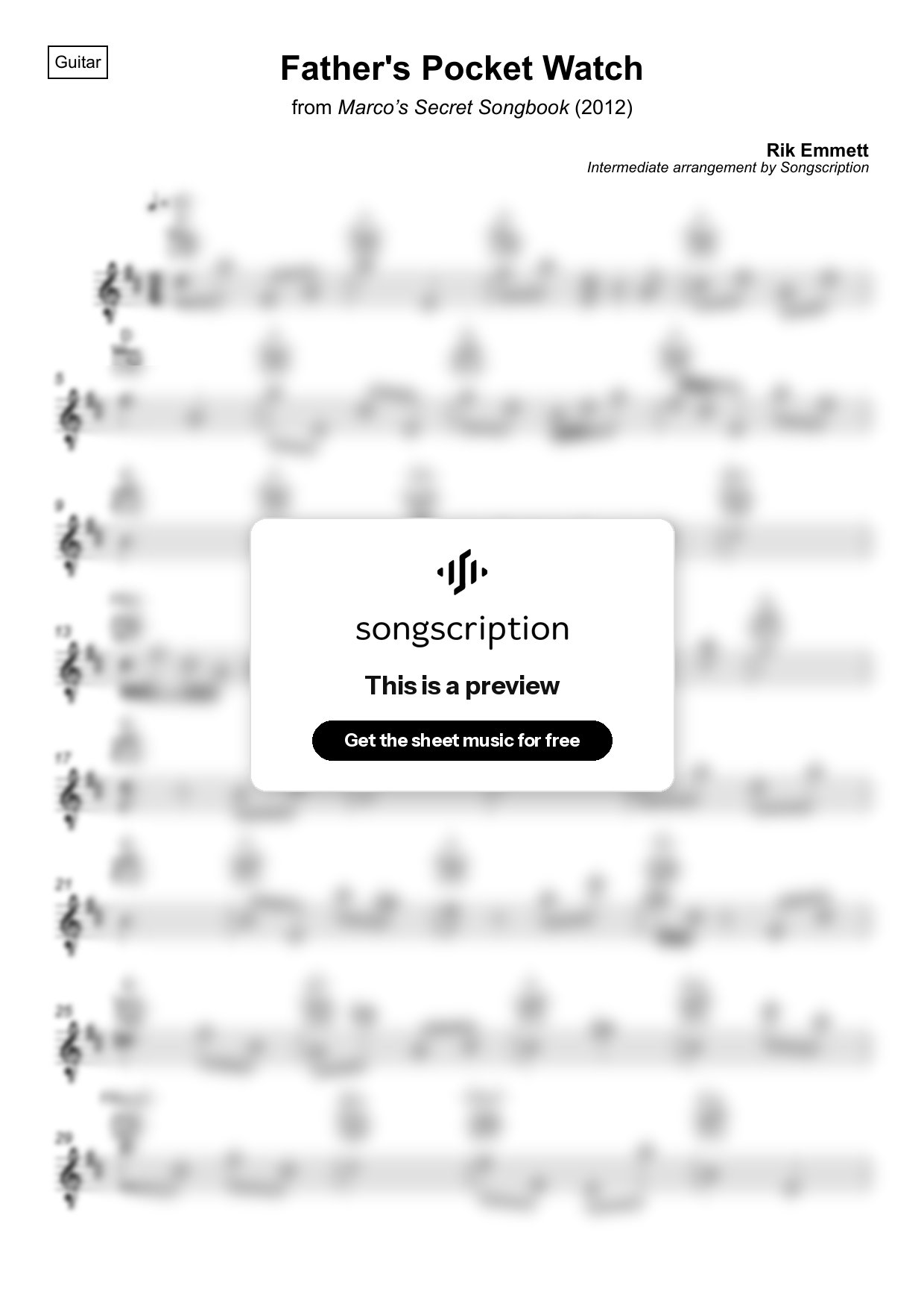 Intermediate Acoustic Guitar Sheet Music for "Father's Pocket Watch" by Rik Emmett