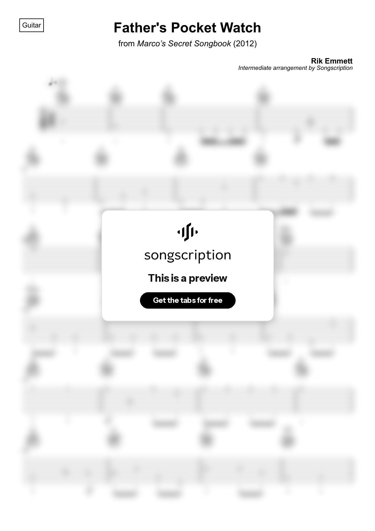 Intermediate Acoustic Guitar Tabs for "Father's Pocket Watch" by Rik Emmett