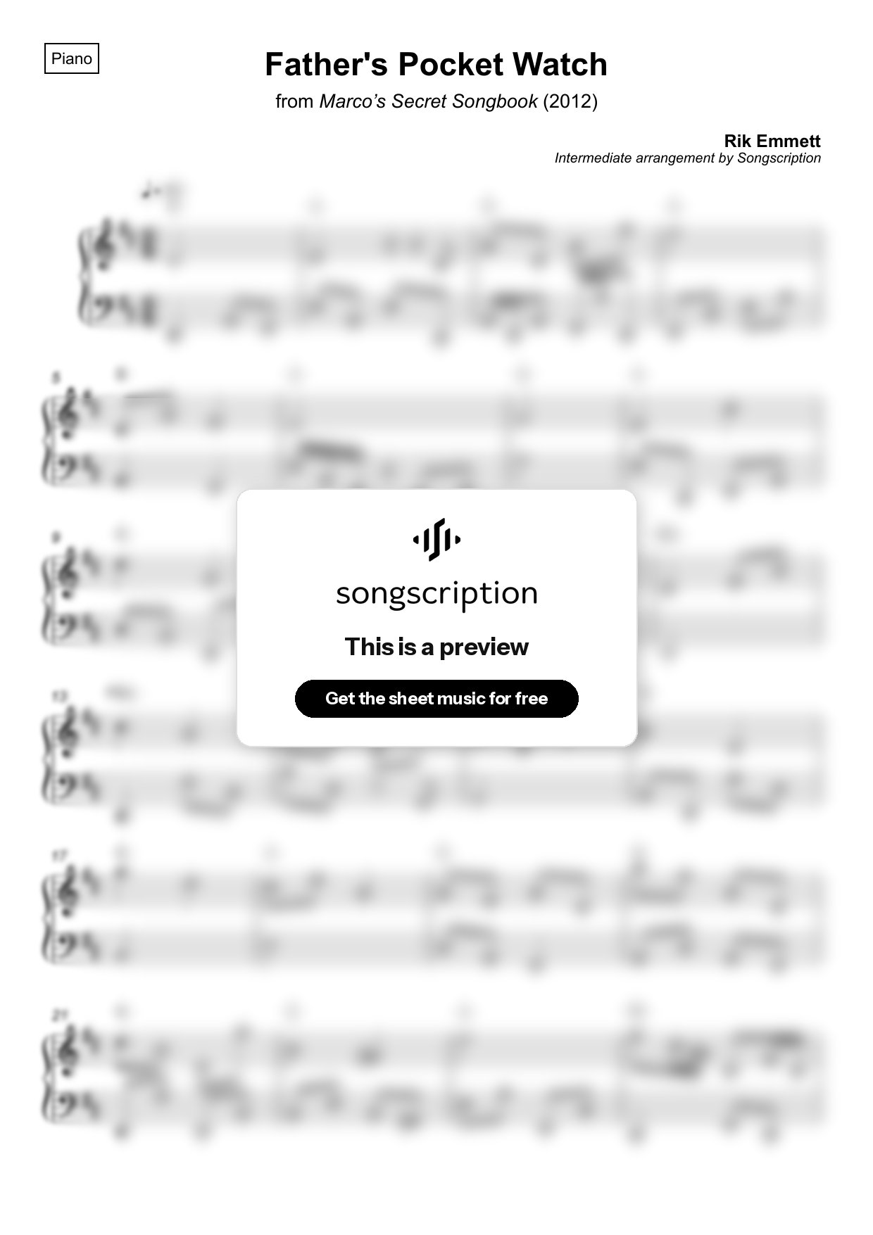 Intermediate Piano Sheet Music for "Father's Pocket Watch" by Rik Emmett