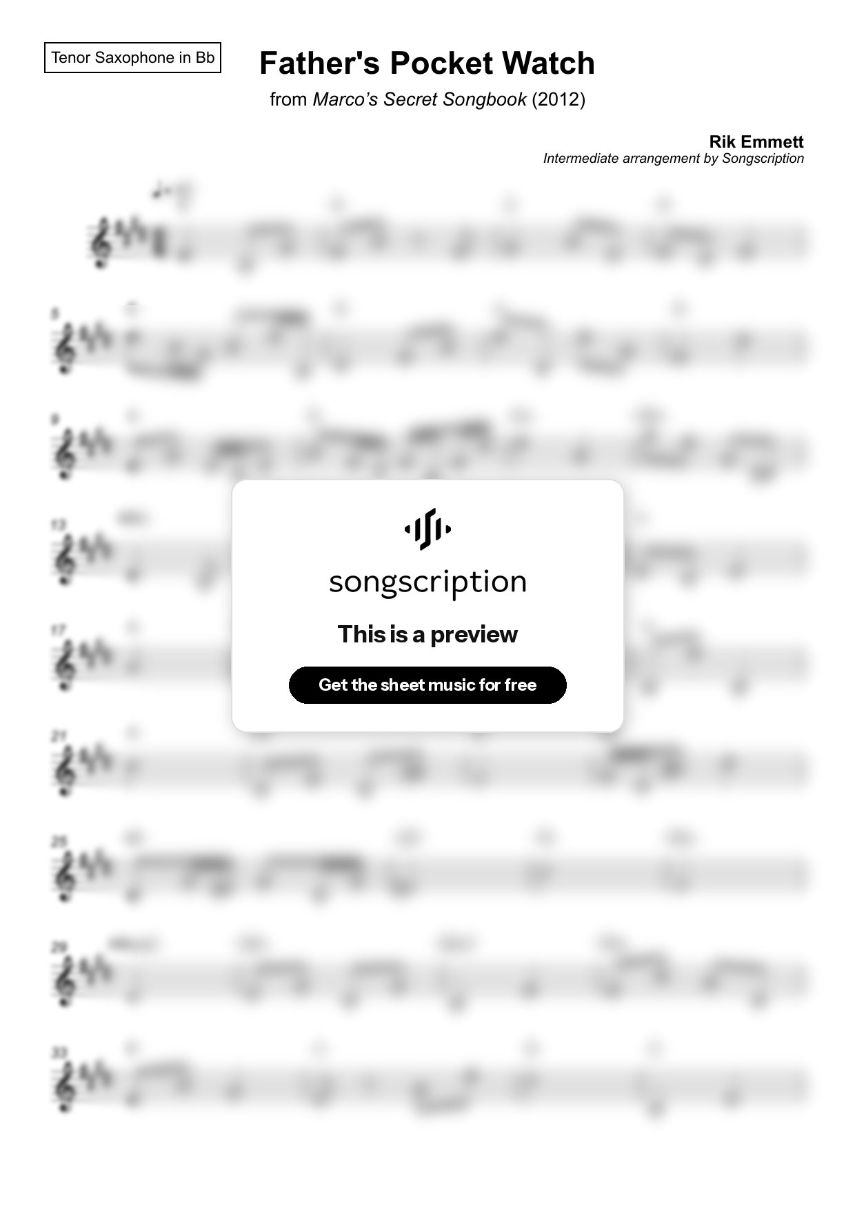 Intermediate Tenor Sax Sheet Music for "Father's Pocket Watch" by Rik Emmett