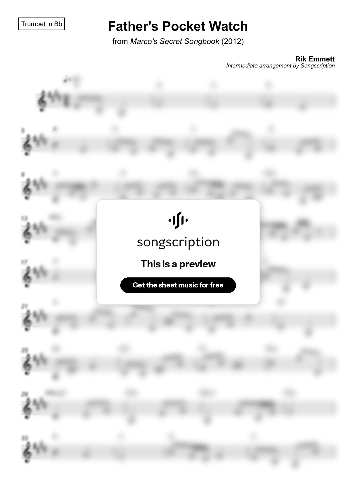 Intermediate Trumpet Sheet Music for "Father's Pocket Watch" by Rik Emmett