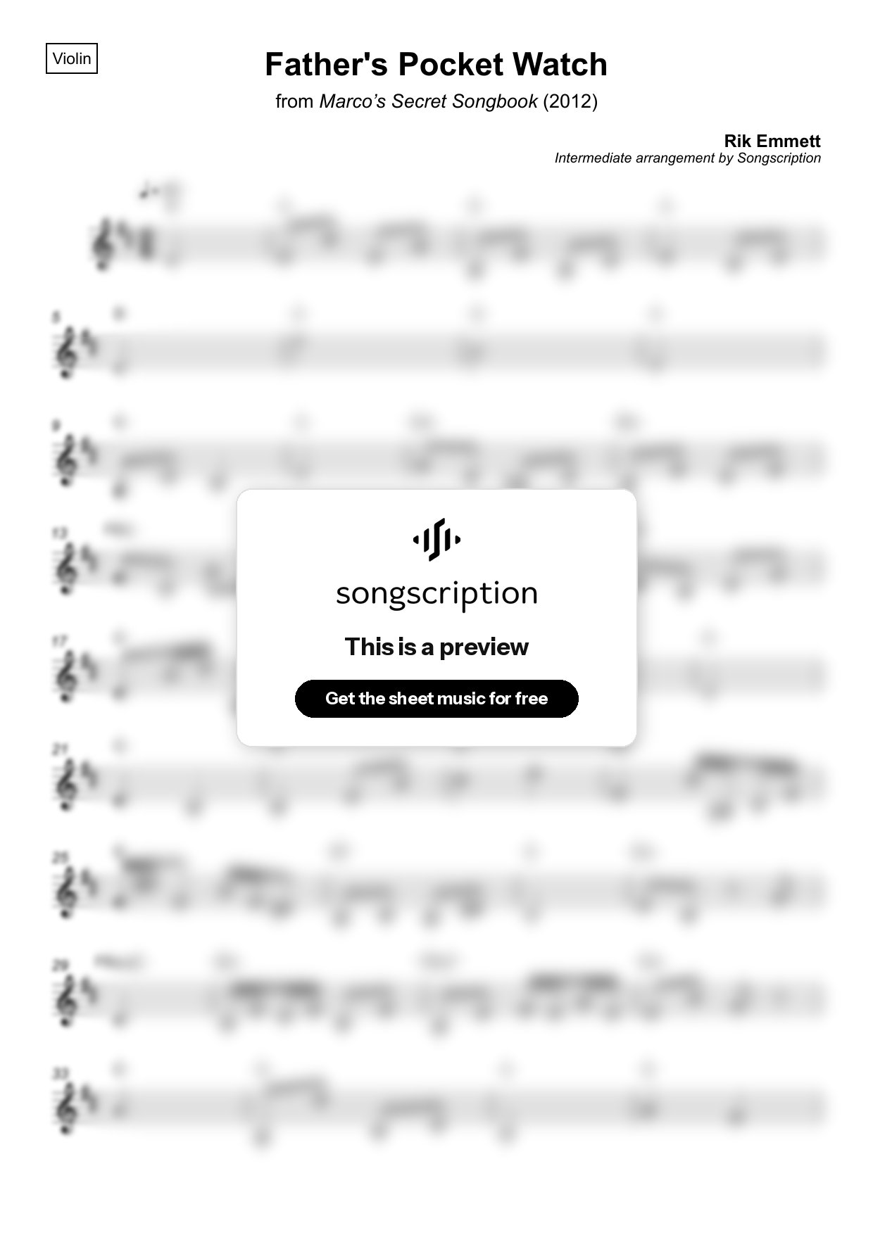 Intermediate Violin Sheet Music for "Father's Pocket Watch" by Rik Emmett