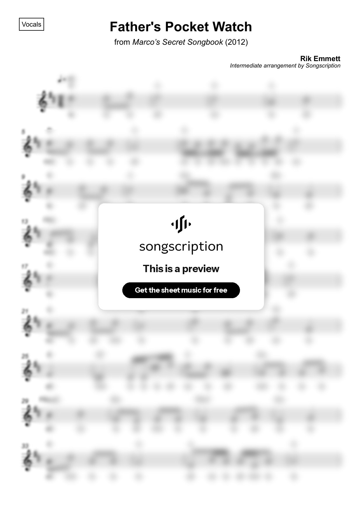 Intermediate Vocals Sheet Music for "Father's Pocket Watch" by Rik Emmett
