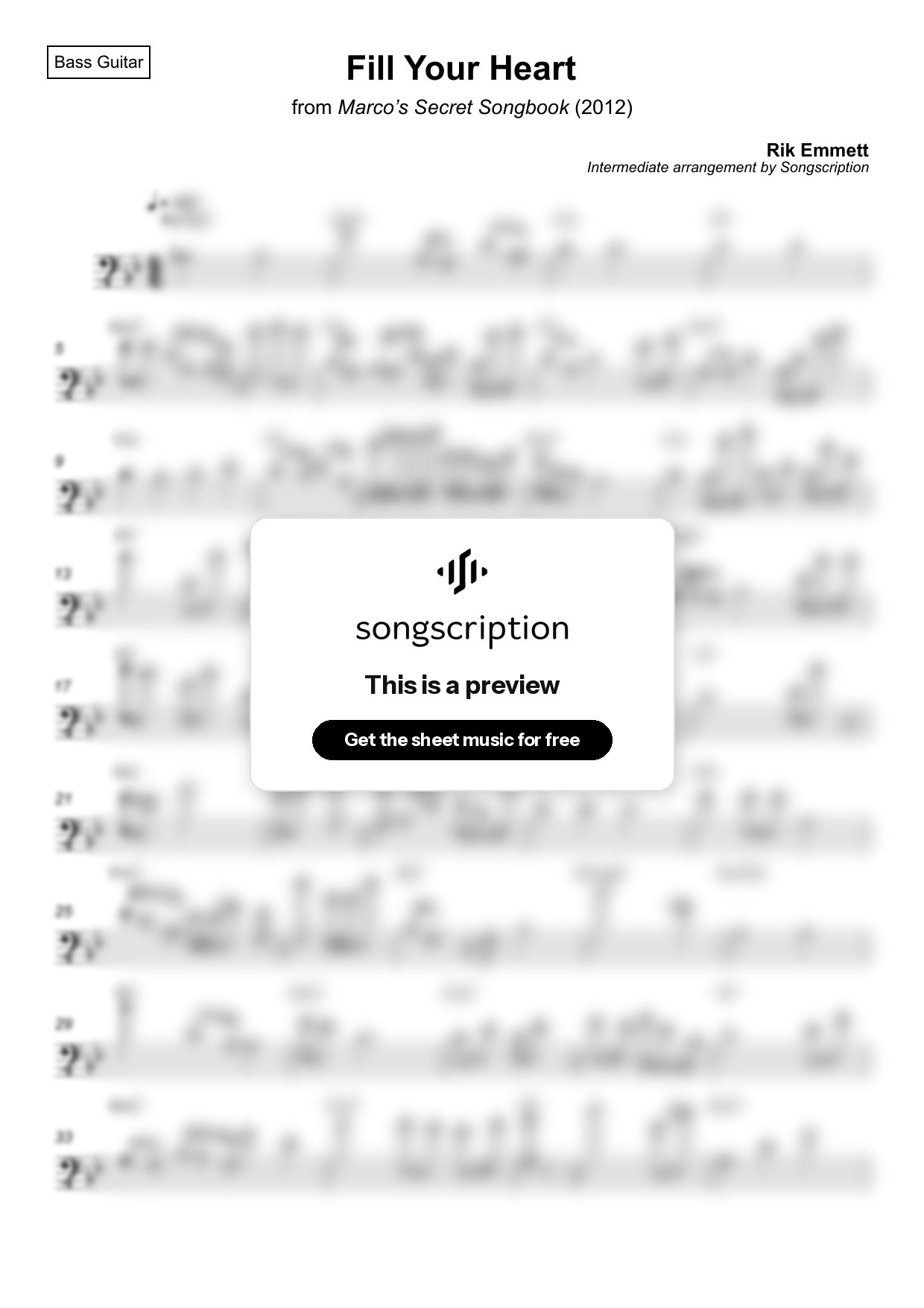 Intermediate Bass Guitar Sheet Music for "Fill Your Heart" by Rik Emmett
