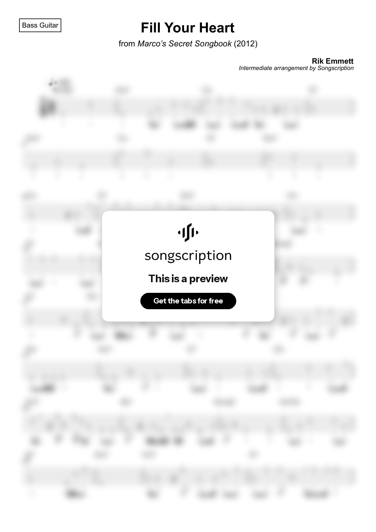 Intermediate Bass Guitar Tabs for "Fill Your Heart" by Rik Emmett