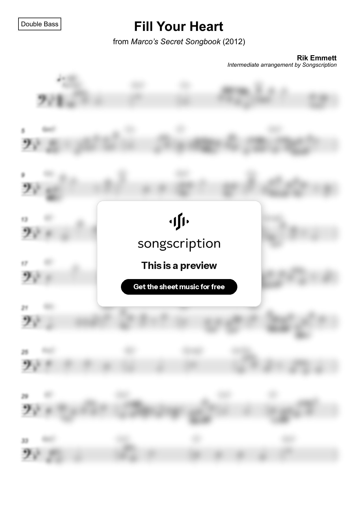 Intermediate Double Bass Sheet Music for "Fill Your Heart" by Rik Emmett