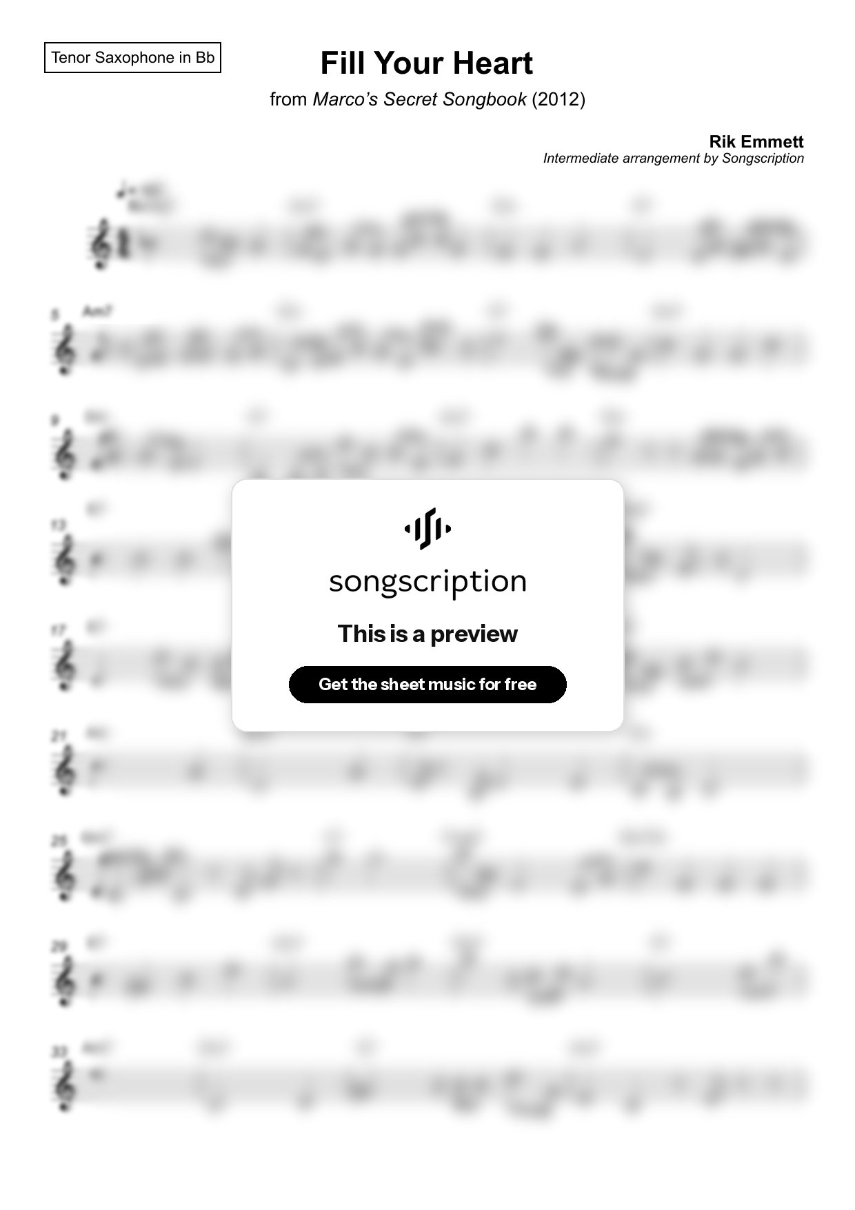 Intermediate Tenor Sax Sheet Music for "Fill Your Heart" by Rik Emmett