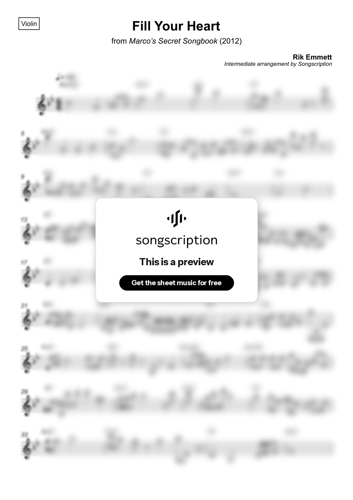 Intermediate Violin Sheet Music for "Fill Your Heart" by Rik Emmett