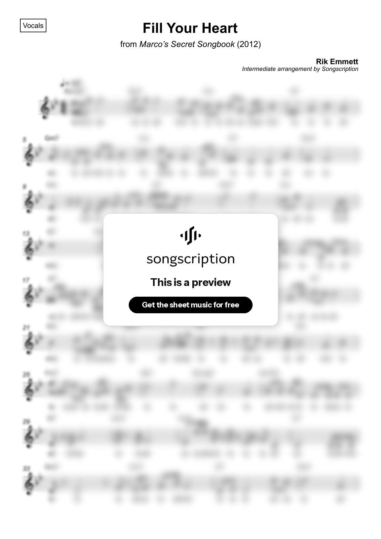 Intermediate Vocals Sheet Music for "Fill Your Heart" by Rik Emmett