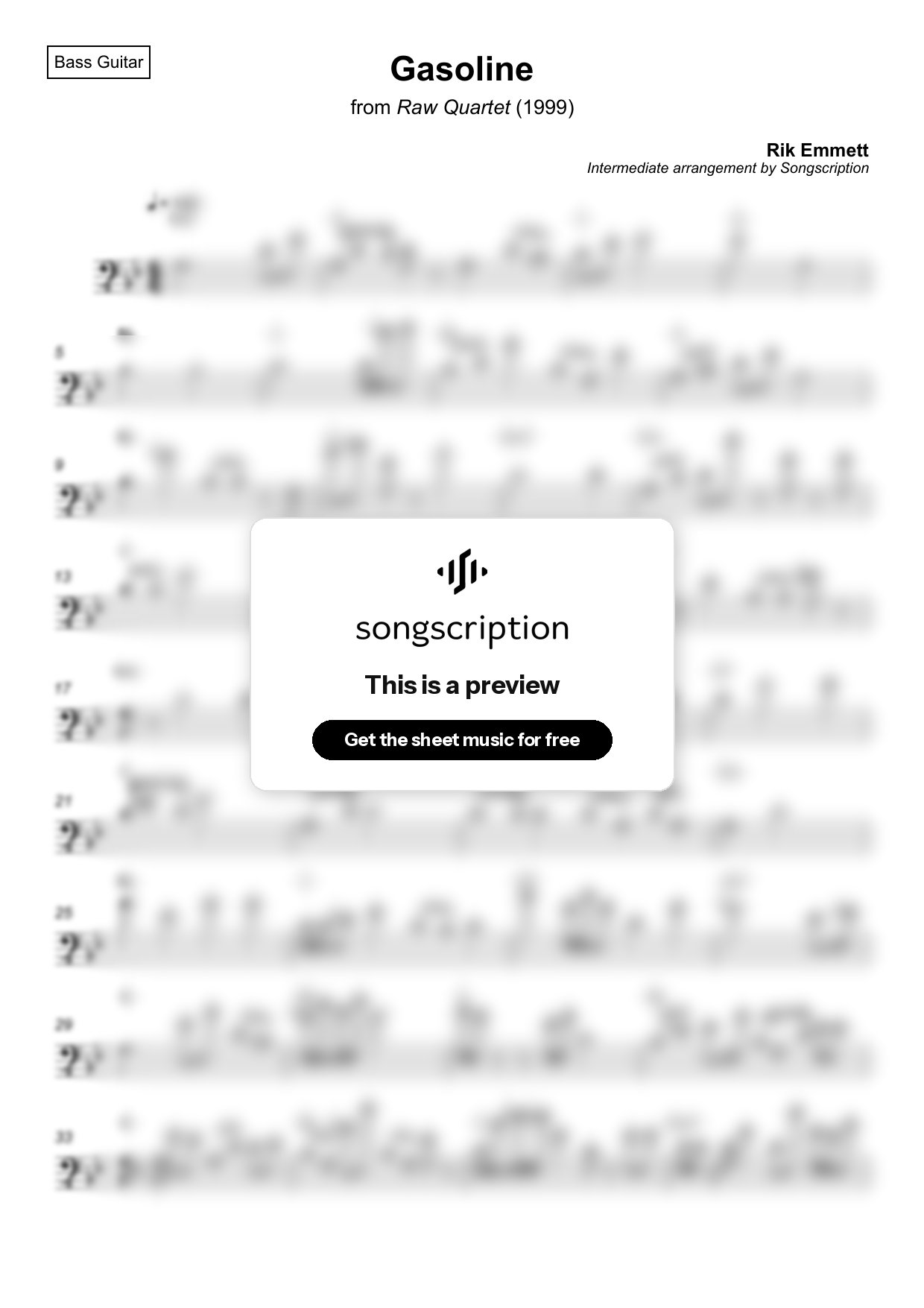 Intermediate Bass Guitar Sheet Music for "Gasoline" by Rik Emmett