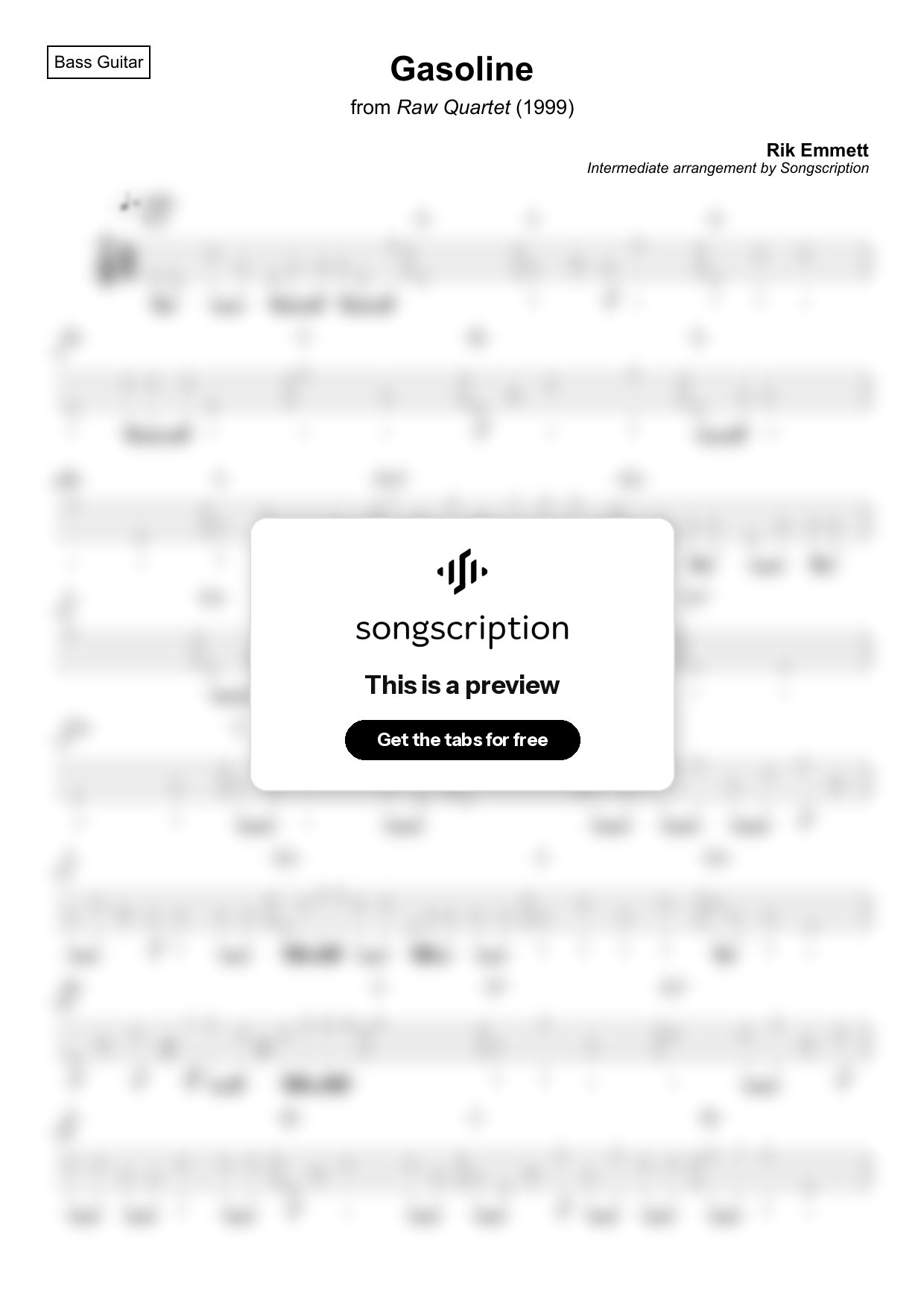 Intermediate Bass Guitar Tabs for "Gasoline" by Rik Emmett