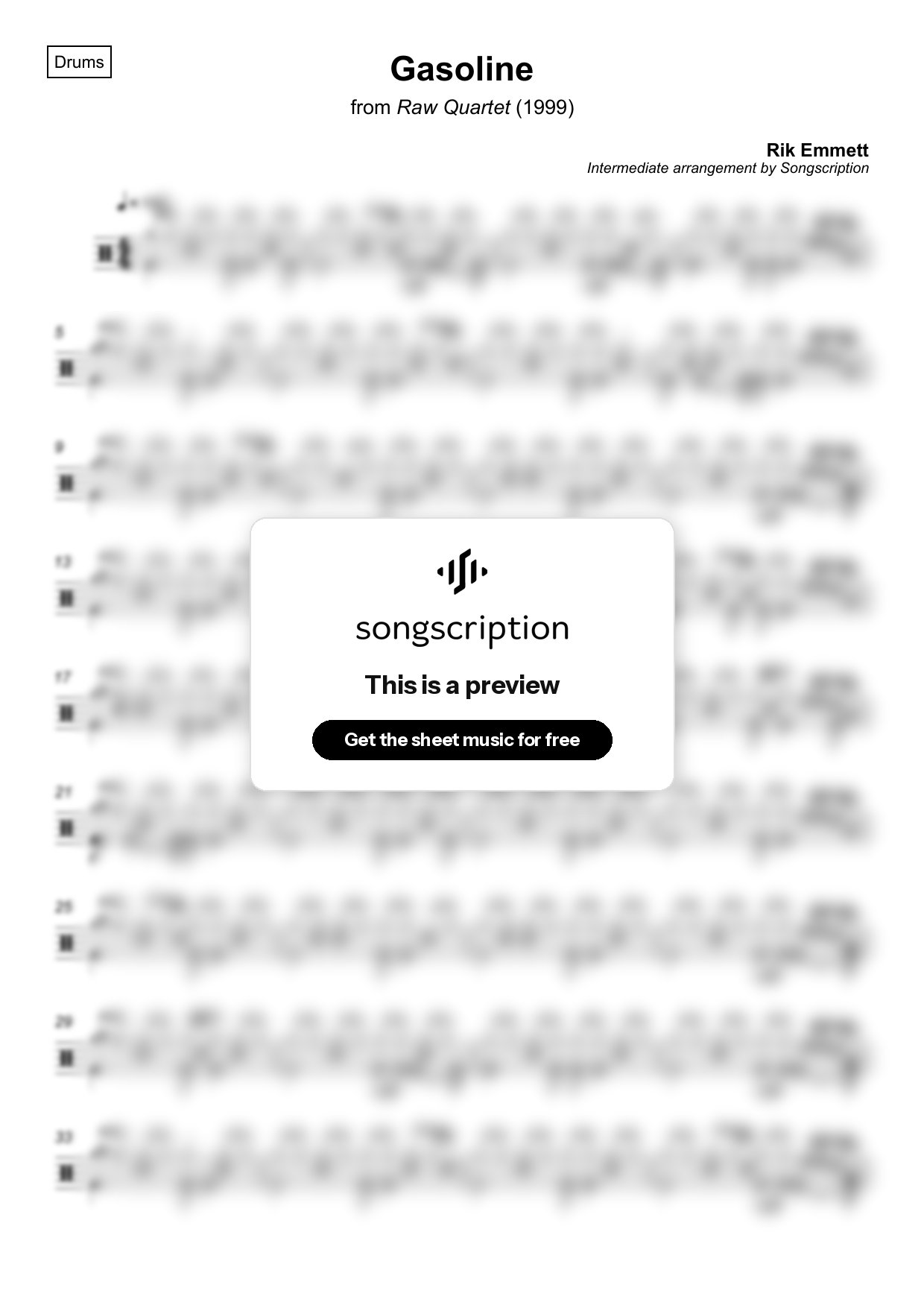 Intermediate Drums Sheet Music for "Gasoline" by Rik Emmett