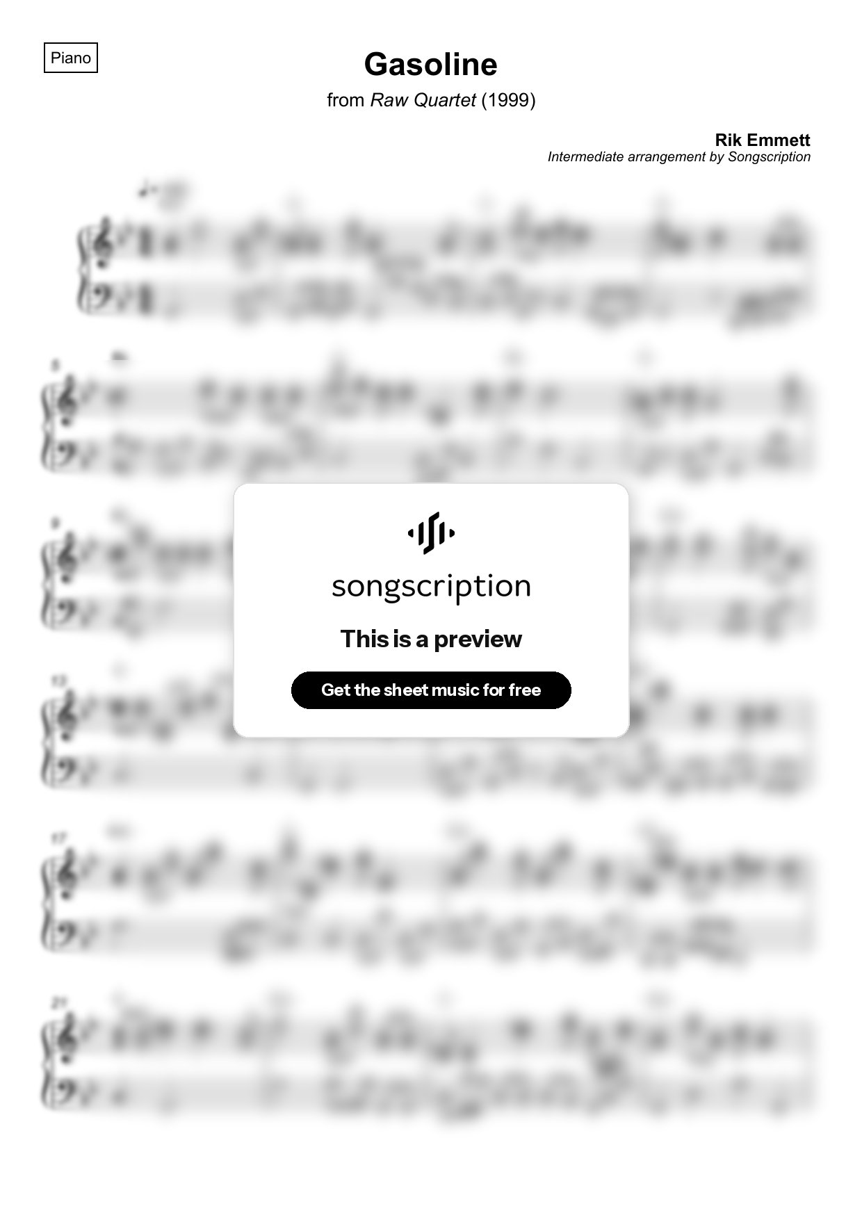 Intermediate Piano Sheet Music for "Gasoline" by Rik Emmett