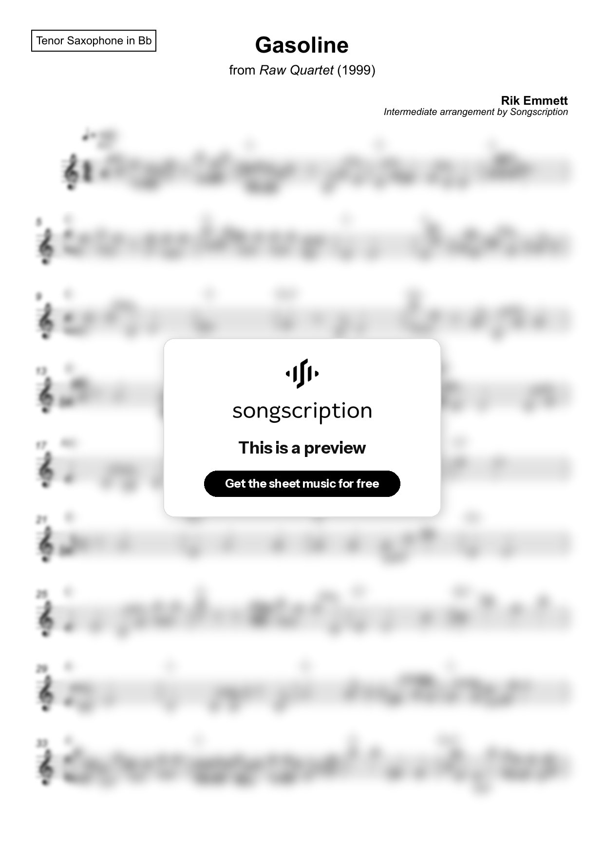Intermediate Tenor Sax Sheet Music for "Gasoline" by Rik Emmett