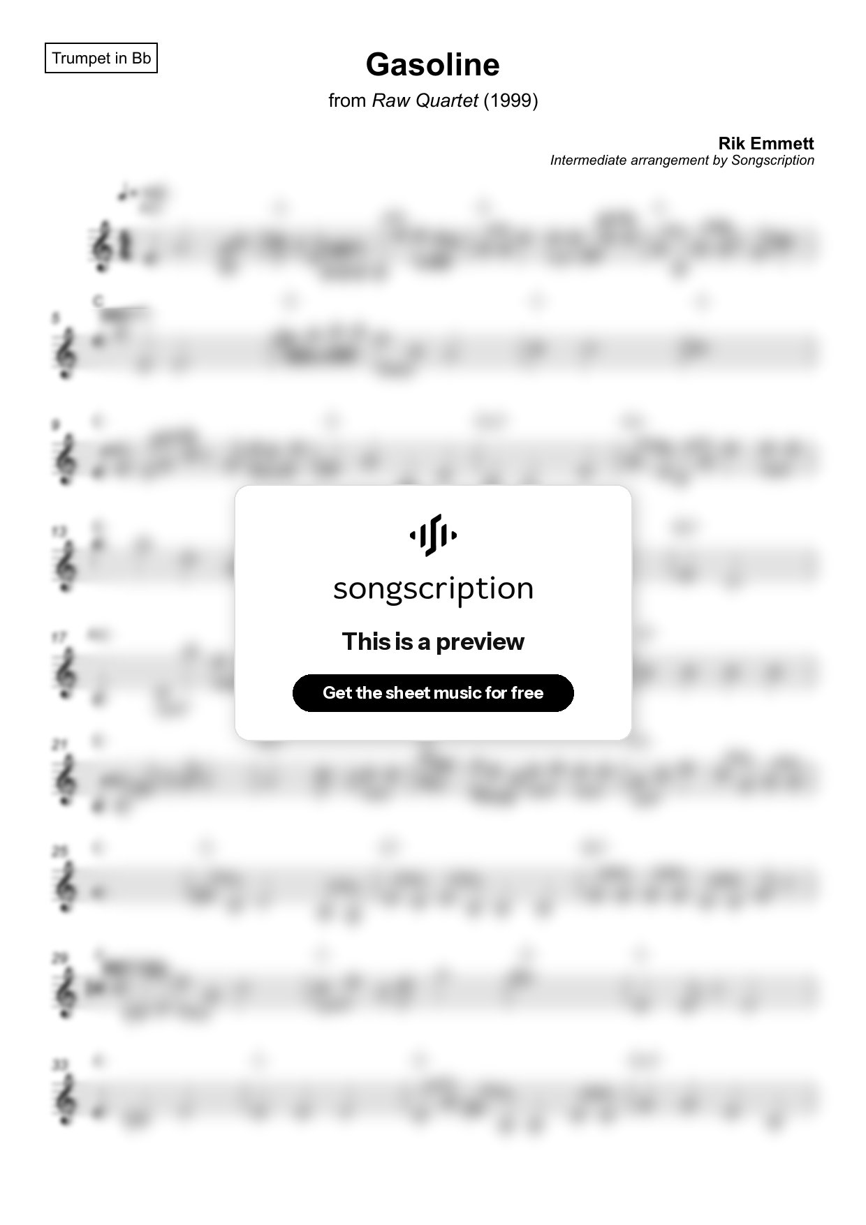 Intermediate Trumpet Sheet Music for "Gasoline" by Rik Emmett