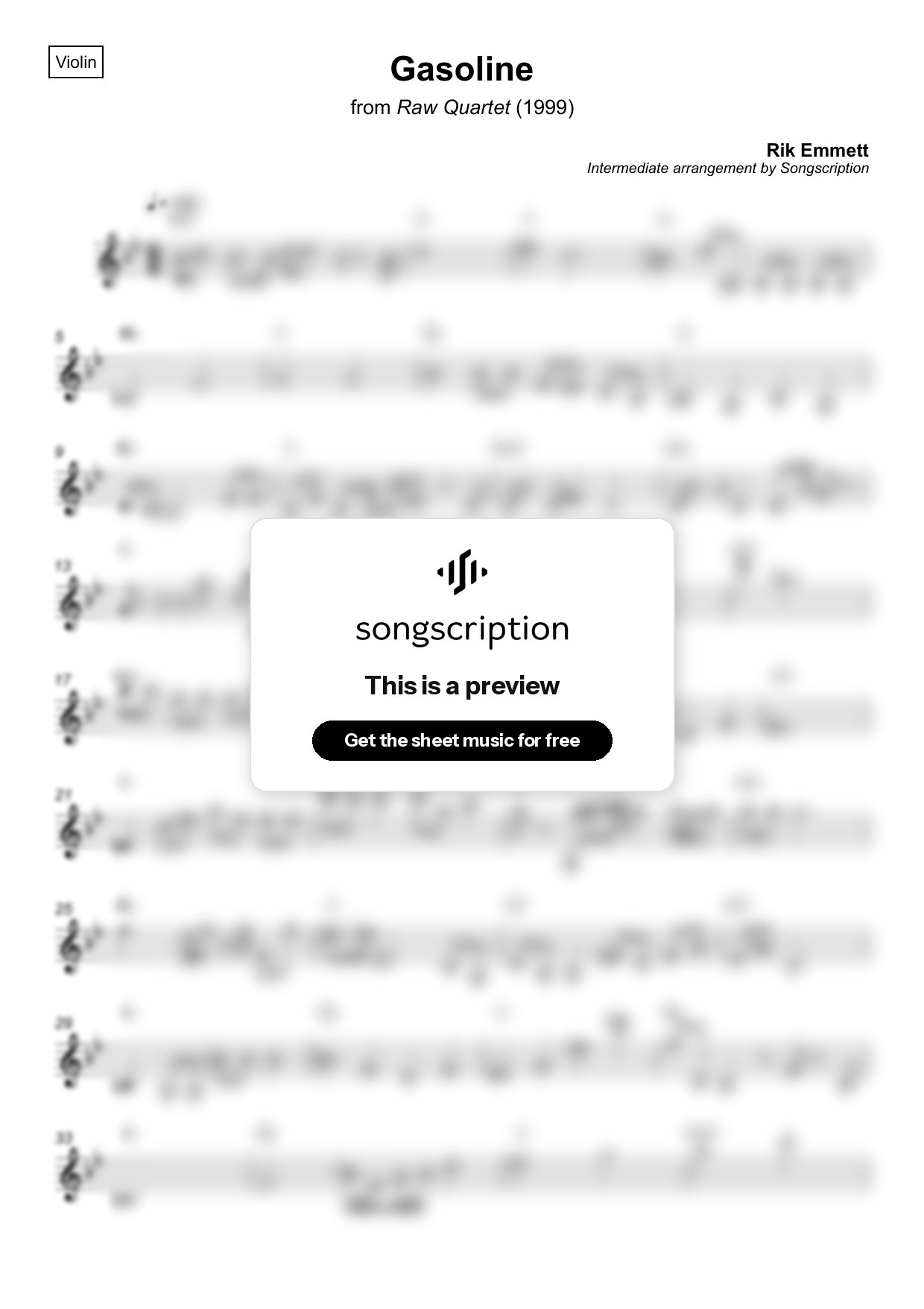 Intermediate Violin Sheet Music for "Gasoline" by Rik Emmett