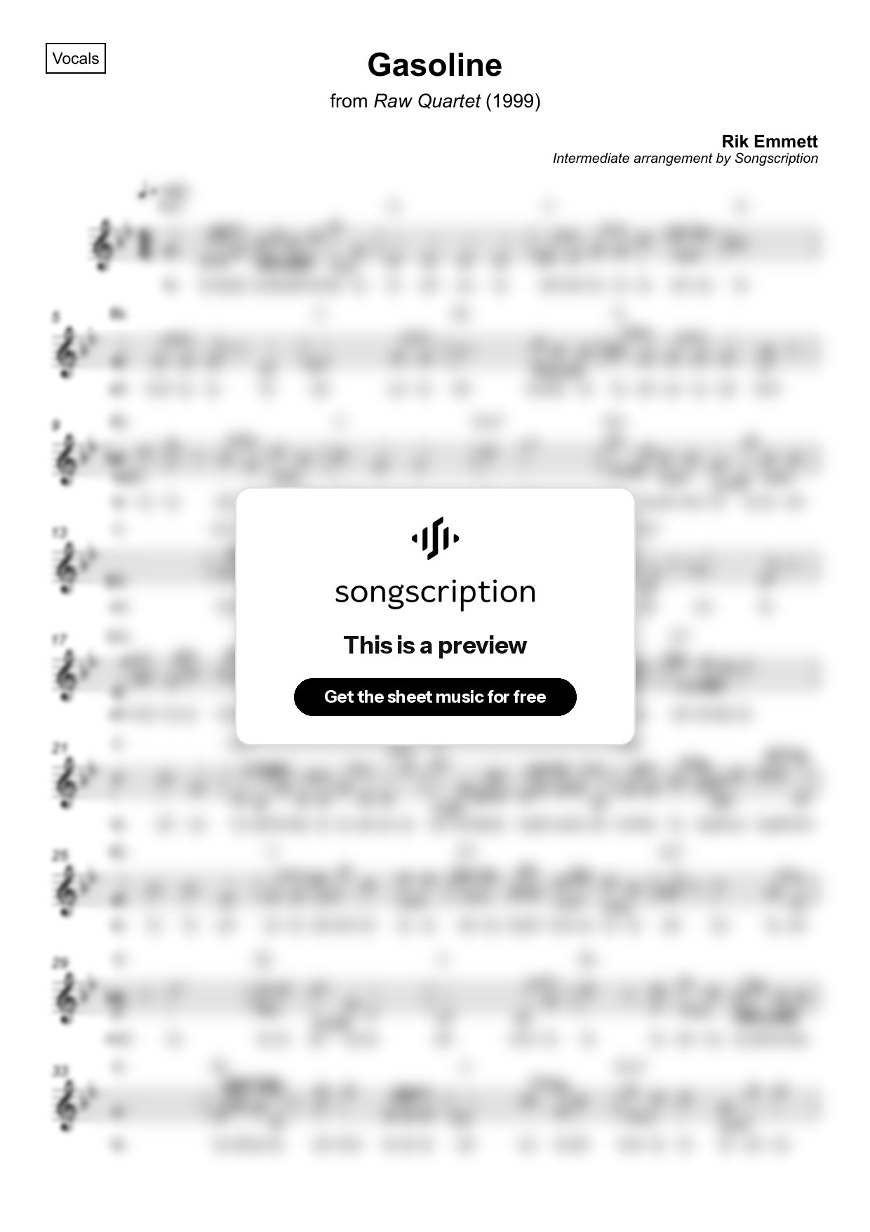 Intermediate Vocals Sheet Music for "Gasoline" by Rik Emmett