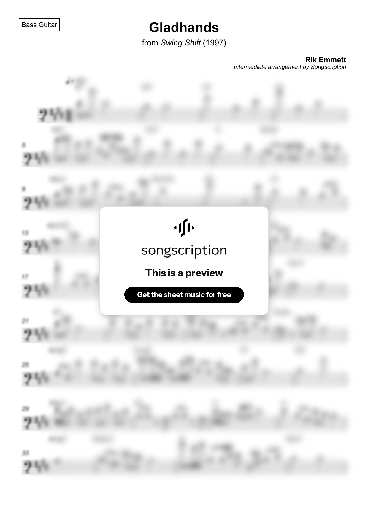 Intermediate Bass Guitar Sheet Music for "Gladhands" by Rik Emmett