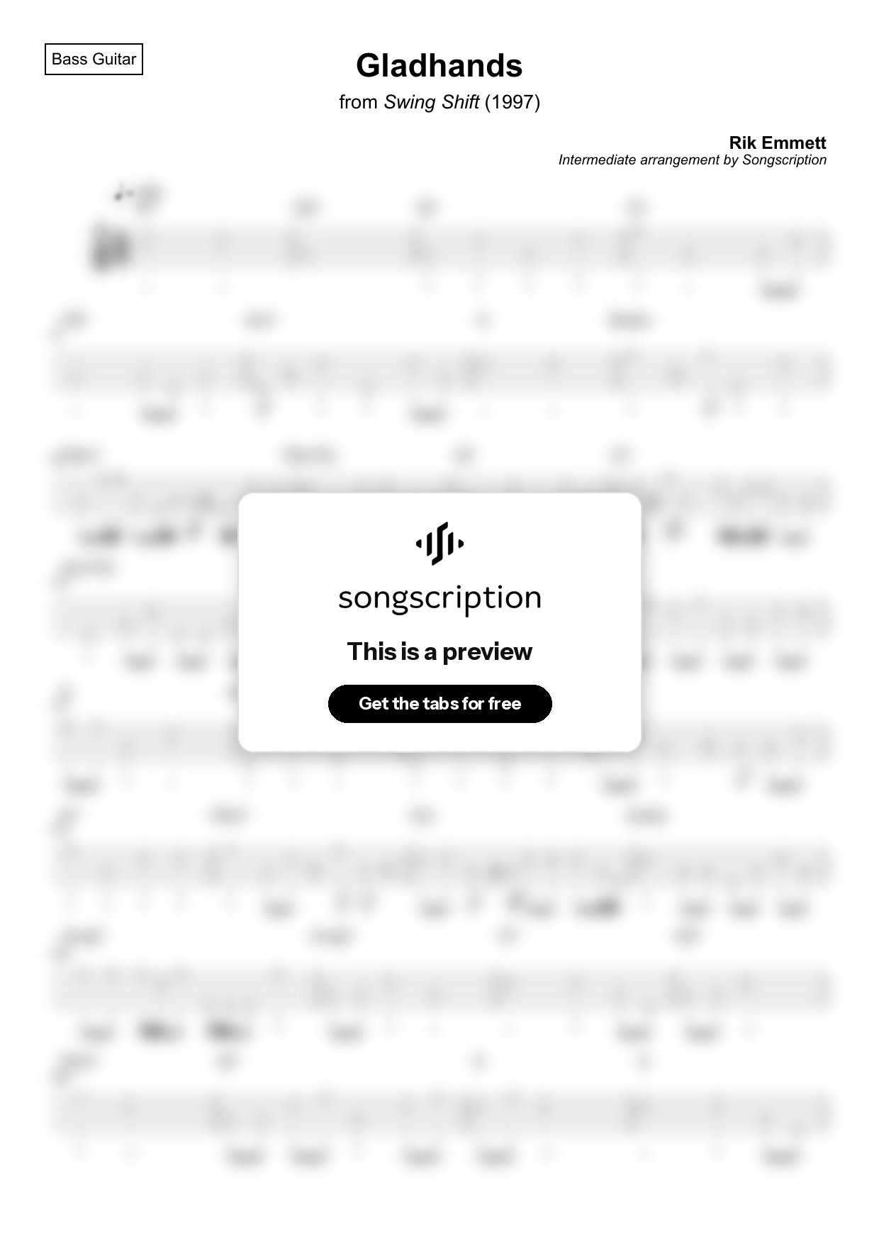 Intermediate Bass Guitar Tabs for "Gladhands" by Rik Emmett