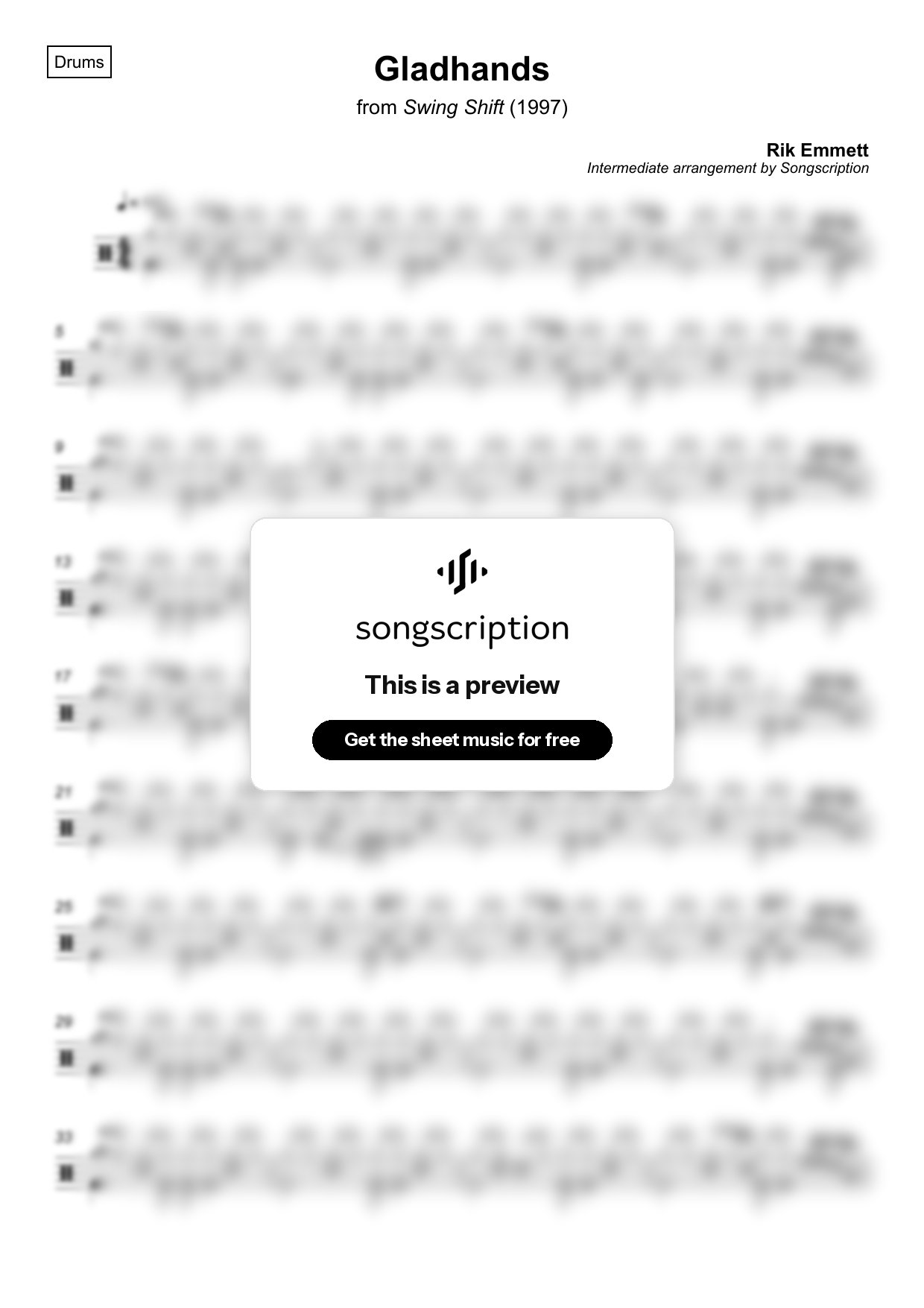 Intermediate Drums Sheet Music for "Gladhands" by Rik Emmett