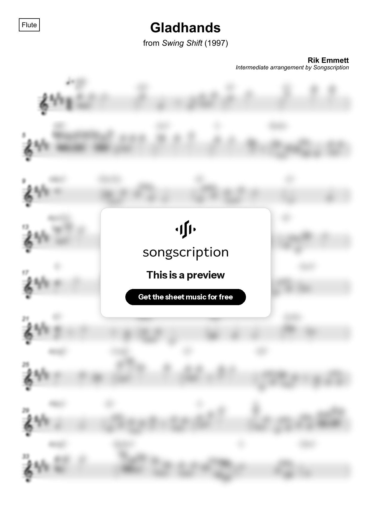 Intermediate Flute Sheet Music for "Gladhands" by Rik Emmett
