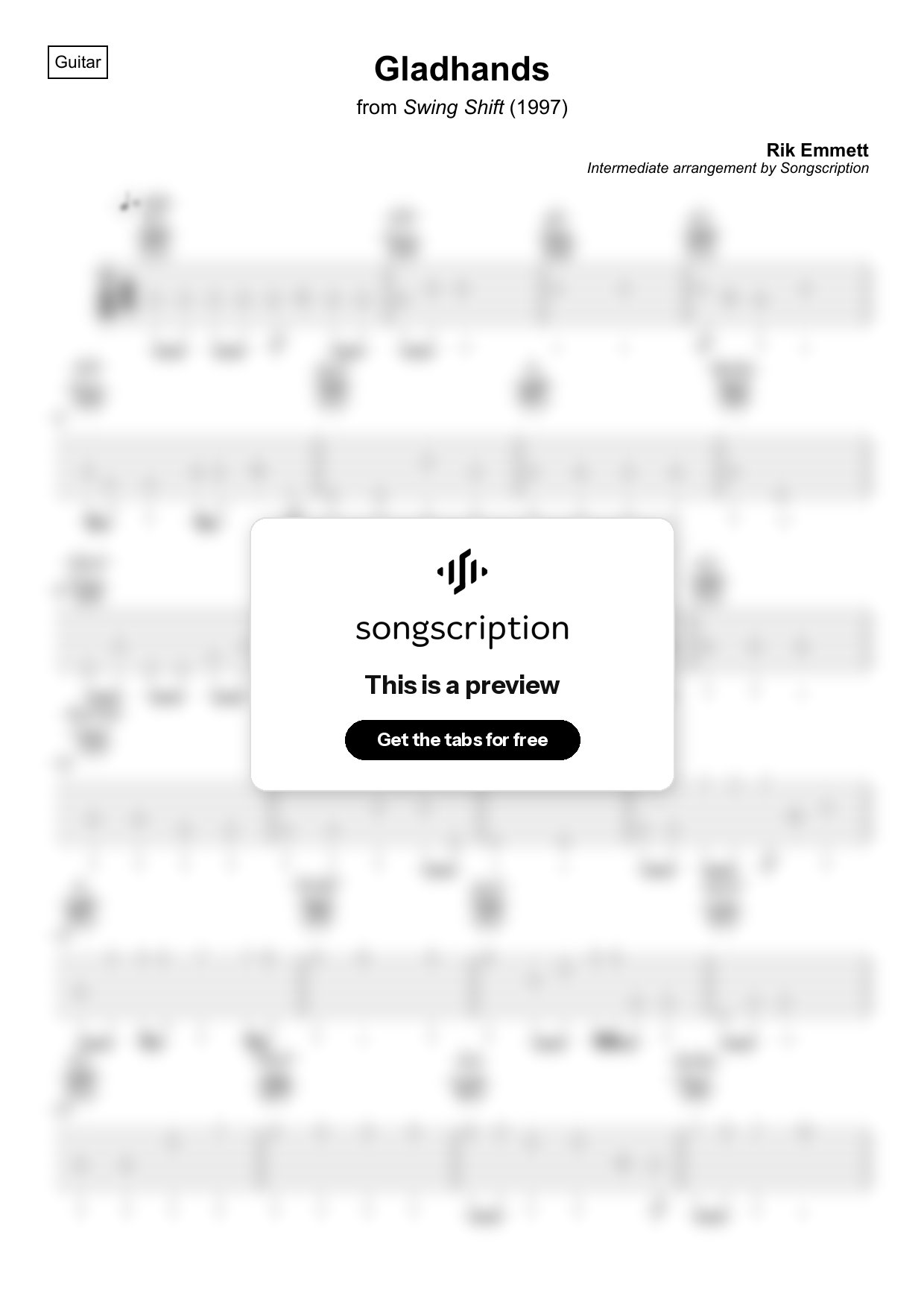 Intermediate Acoustic Guitar Tabs for "Gladhands" by Rik Emmett