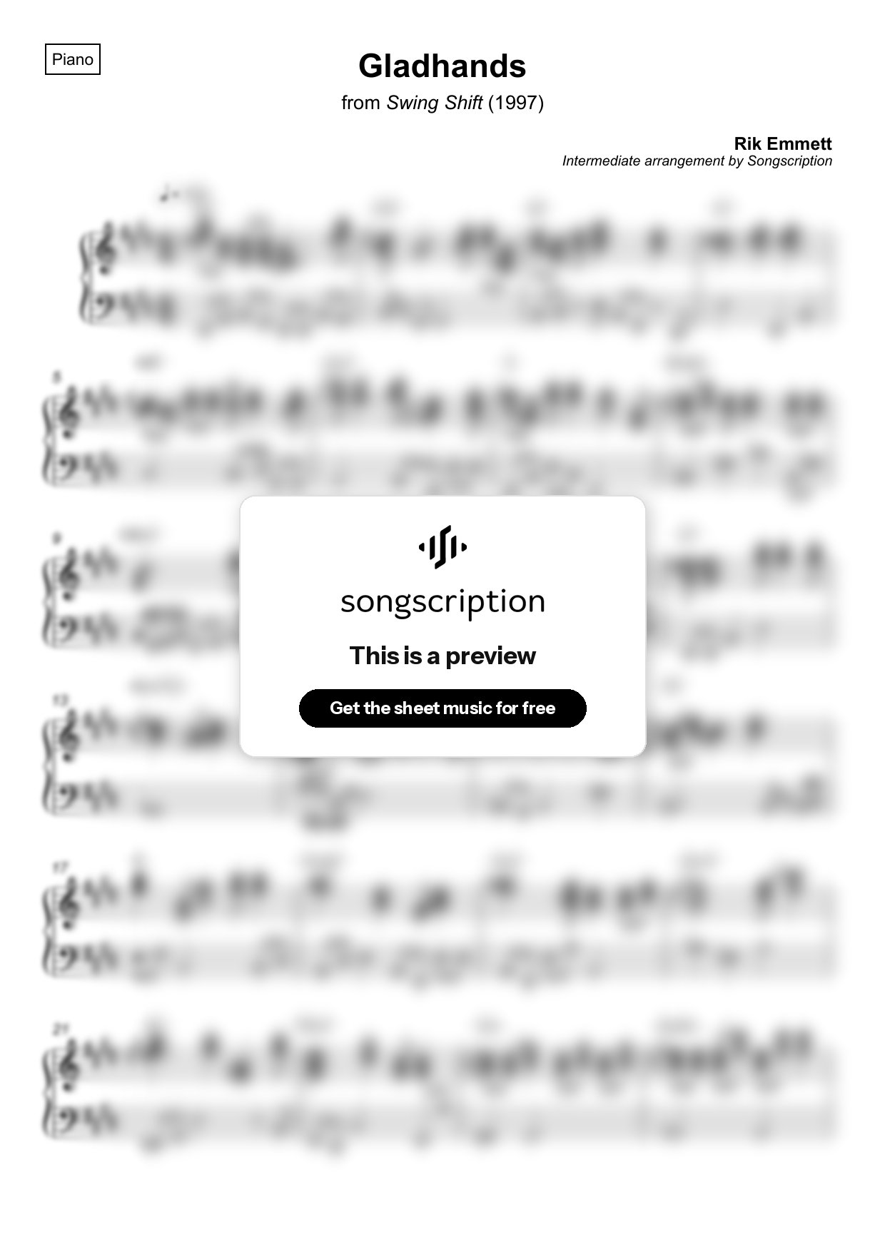 Intermediate Piano Sheet Music for "Gladhands" by Rik Emmett