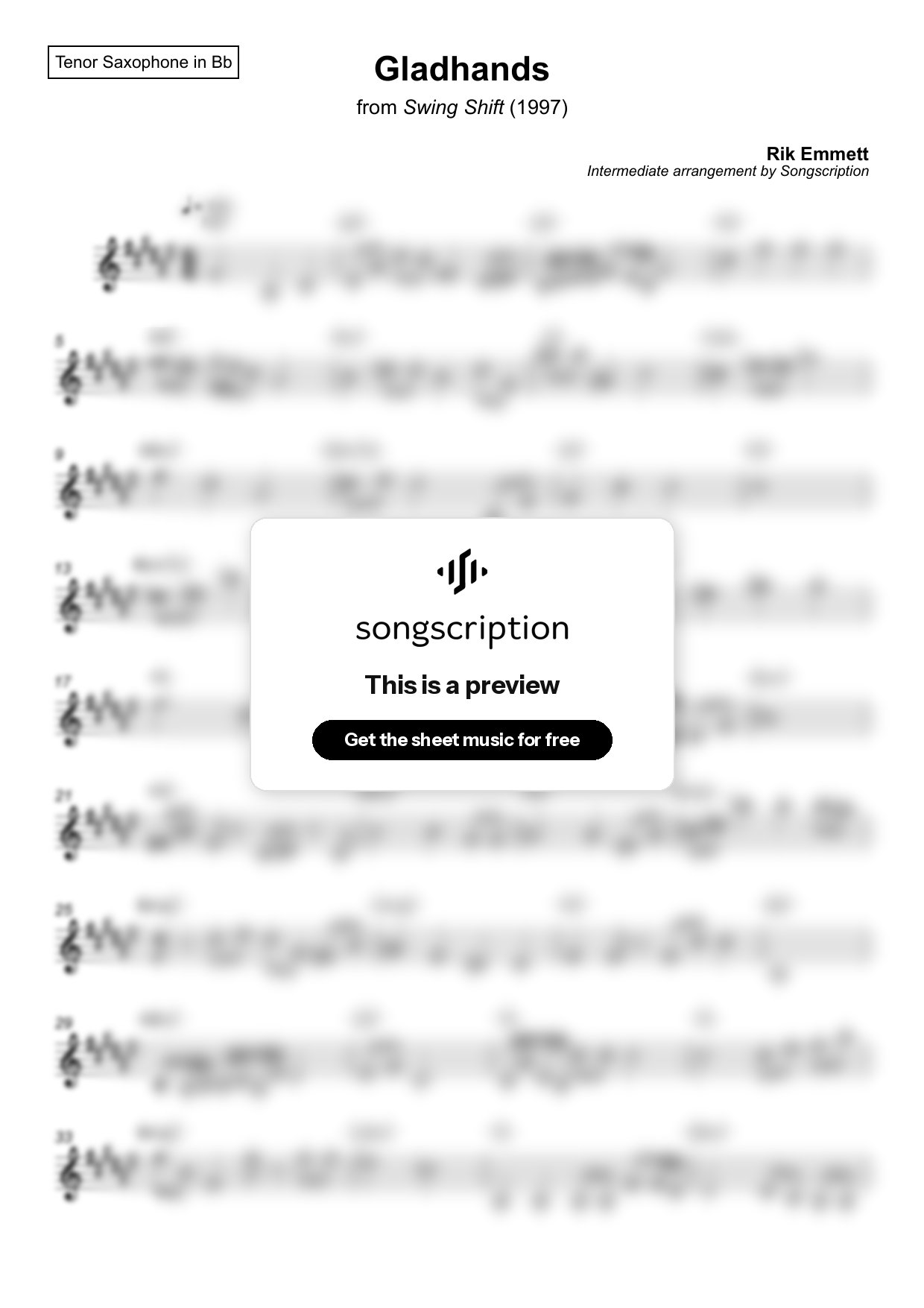 Intermediate Tenor Sax Sheet Music for "Gladhands" by Rik Emmett