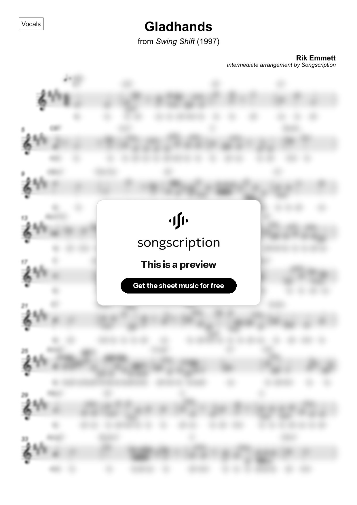 Intermediate Vocals Sheet Music for "Gladhands" by Rik Emmett
