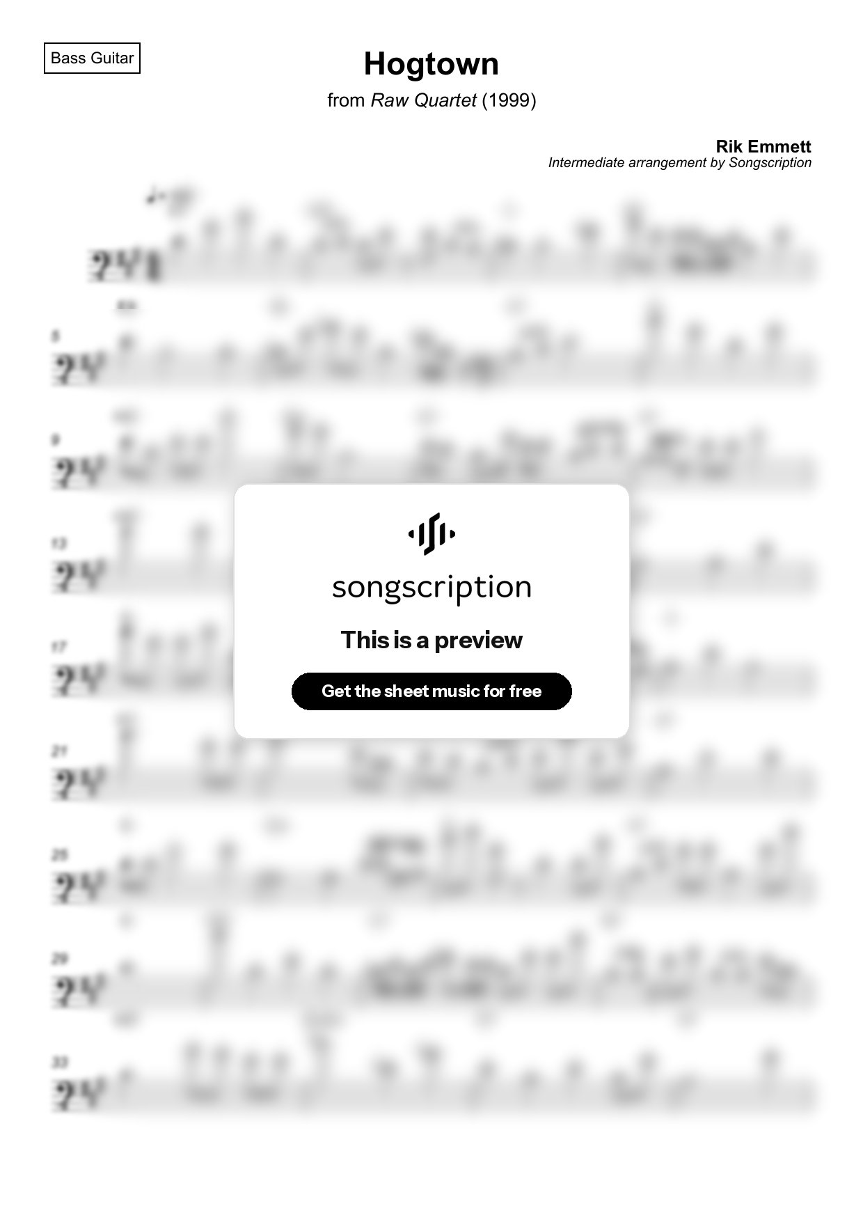 Intermediate Bass Guitar Sheet Music for "Hogtown" by Rik Emmett