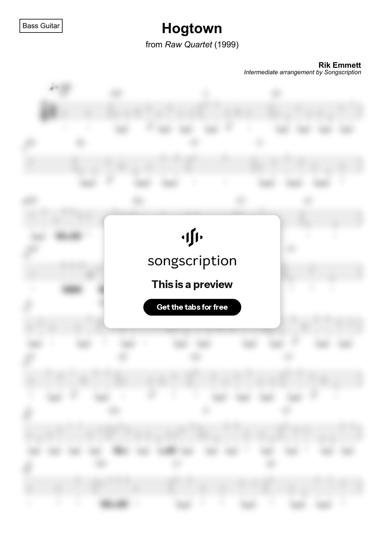 Intermediate Bass Guitar Tabs for "Hogtown" by Rik Emmett
