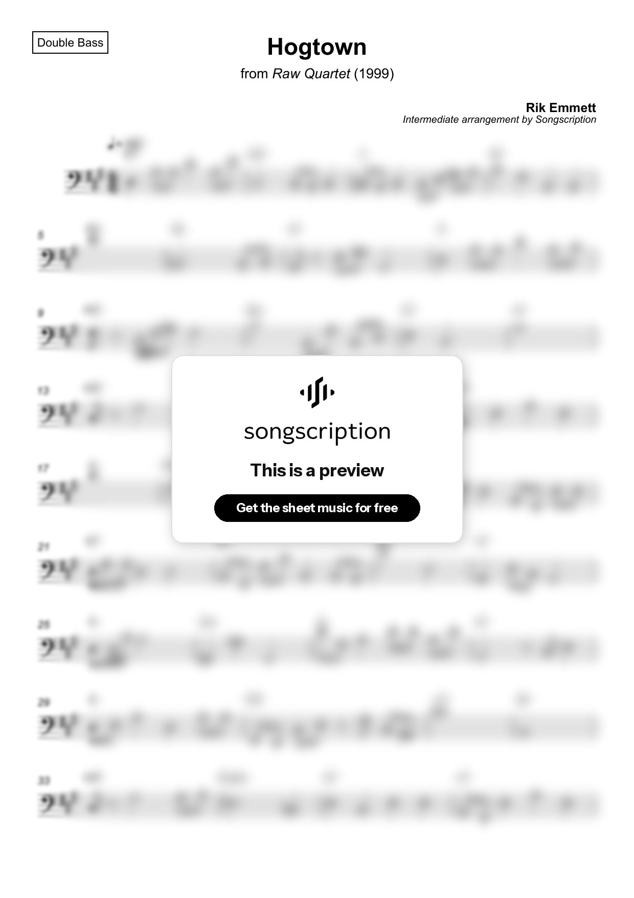 Intermediate Double Bass Sheet Music for "Hogtown" by Rik Emmett