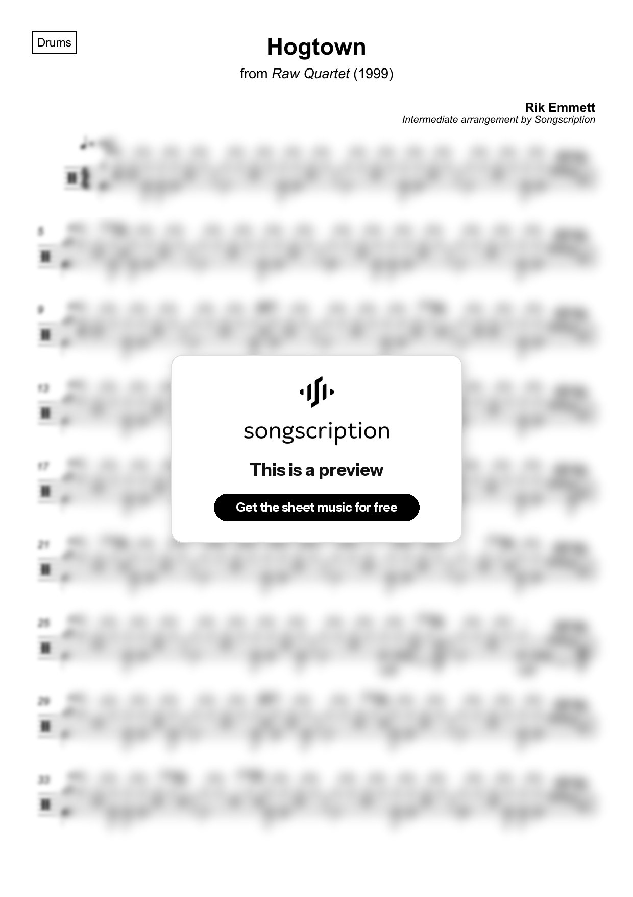 Intermediate Drums Sheet Music for "Hogtown" by Rik Emmett