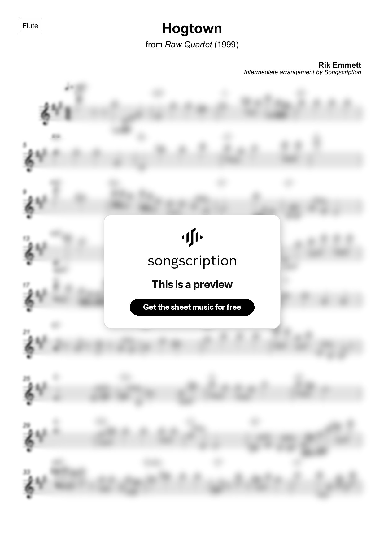Intermediate Flute Sheet Music for "Hogtown" by Rik Emmett