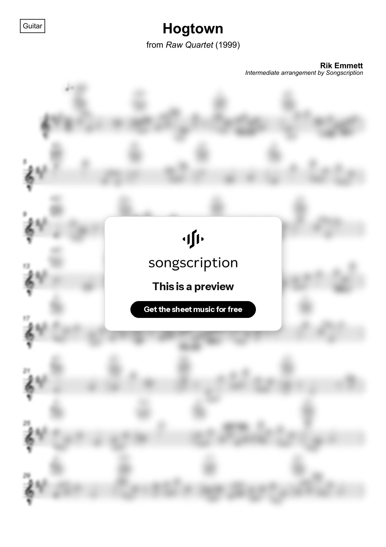 Intermediate Acoustic Guitar Sheet Music for "Hogtown" by Rik Emmett