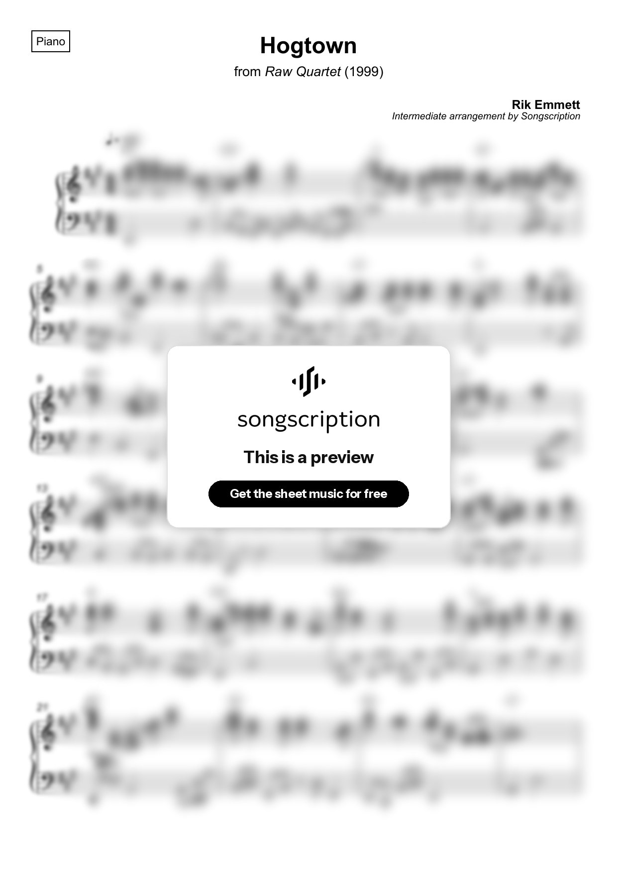 Intermediate Piano Sheet Music for "Hogtown" by Rik Emmett