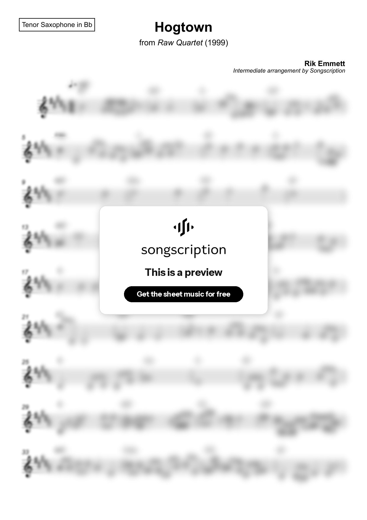 Intermediate Tenor Sax Sheet Music for "Hogtown" by Rik Emmett
