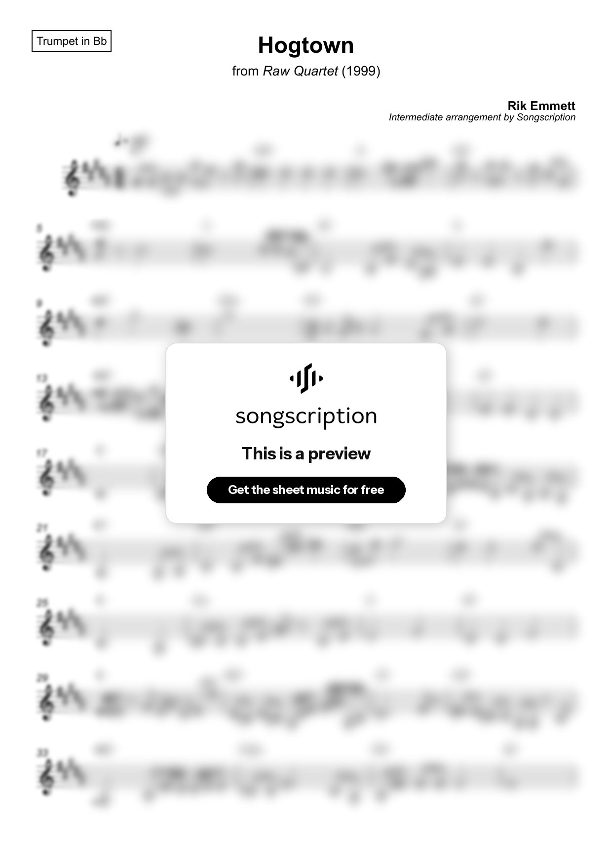 Intermediate Trumpet Sheet Music for "Hogtown" by Rik Emmett