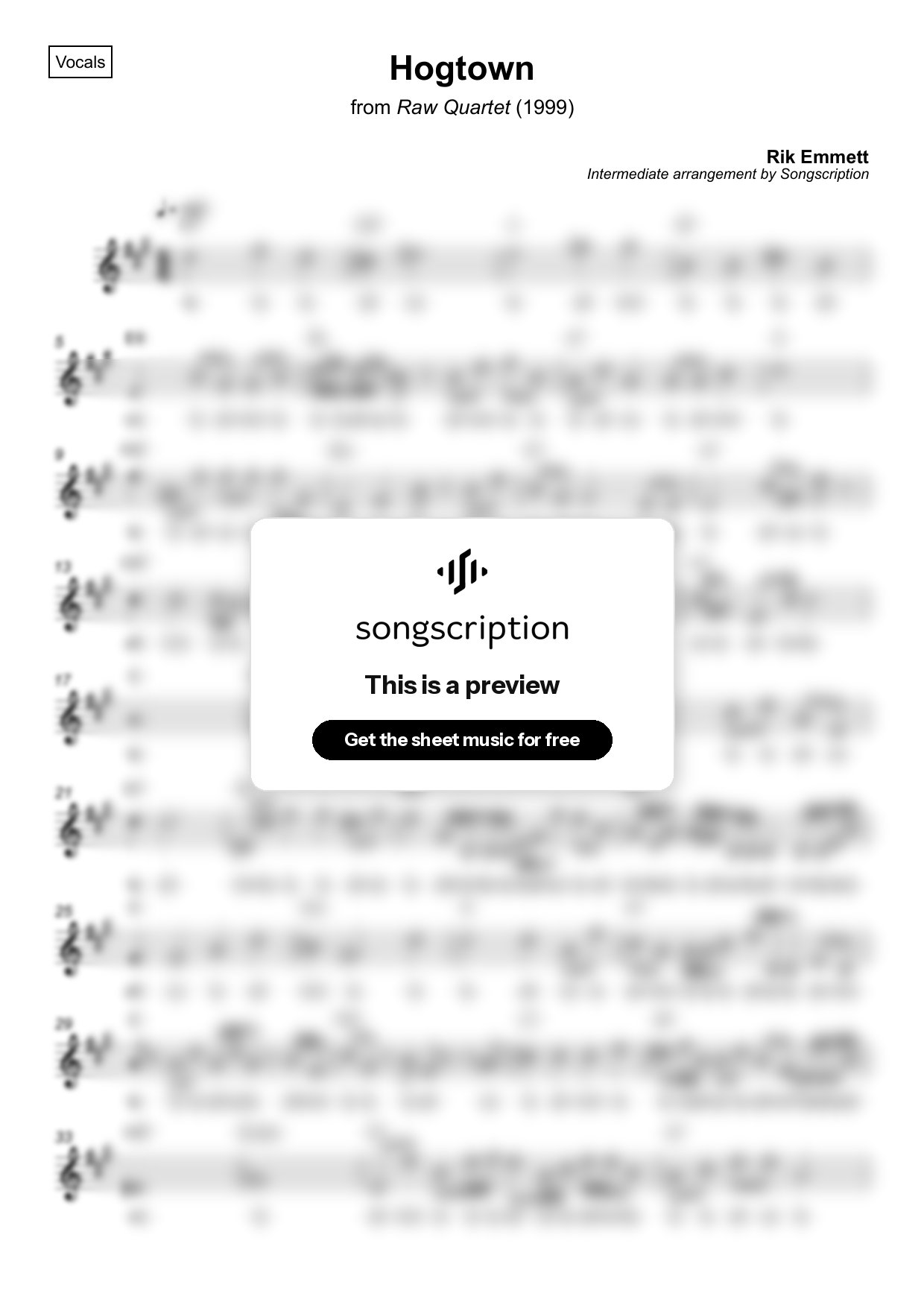 Intermediate Vocals Sheet Music for "Hogtown" by Rik Emmett