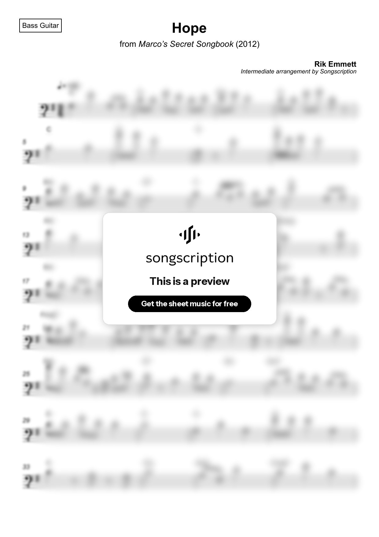 Intermediate Bass Guitar Sheet Music for "Hope" by Rik Emmett