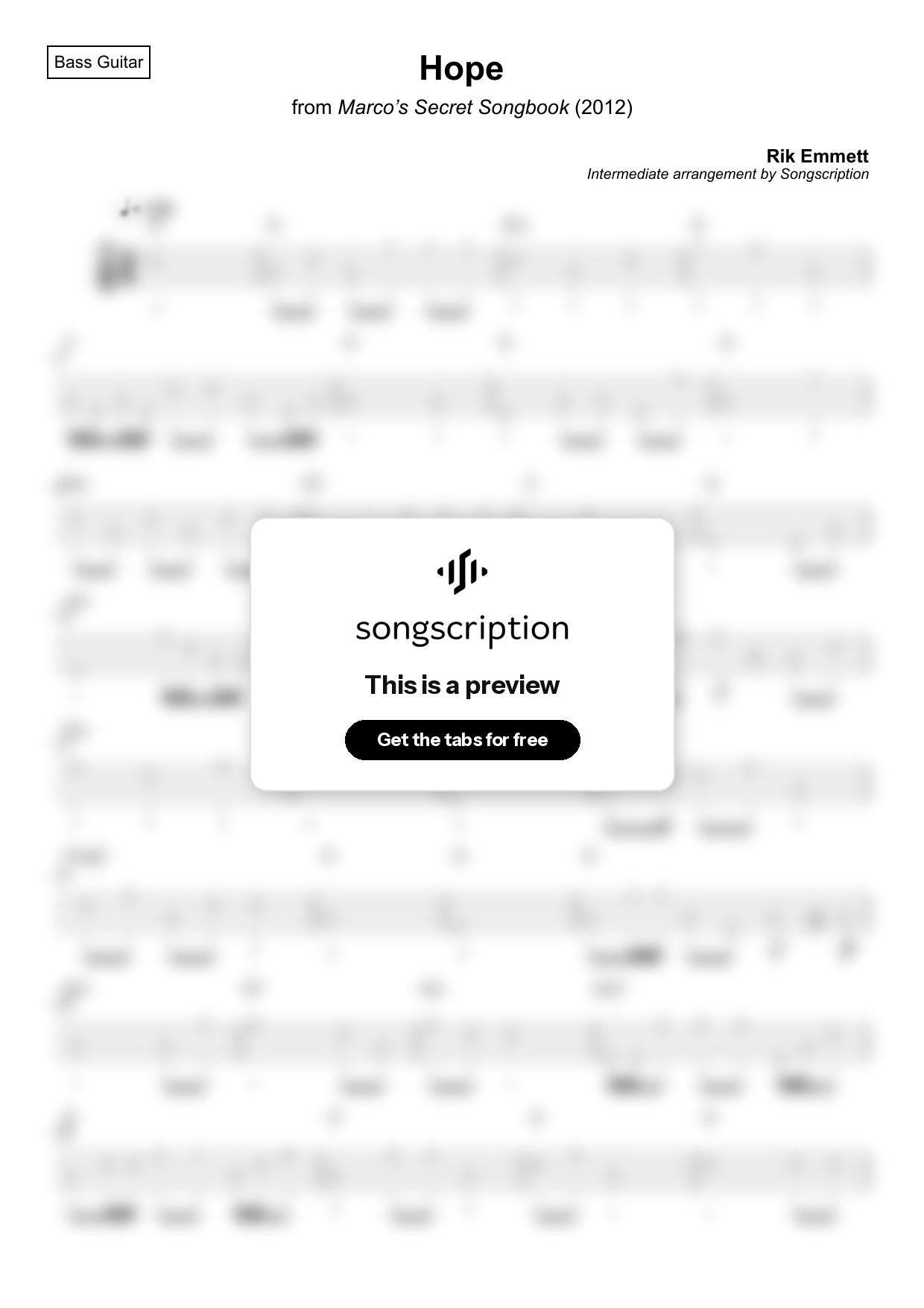 Intermediate Bass Guitar Tabs for "Hope" by Rik Emmett