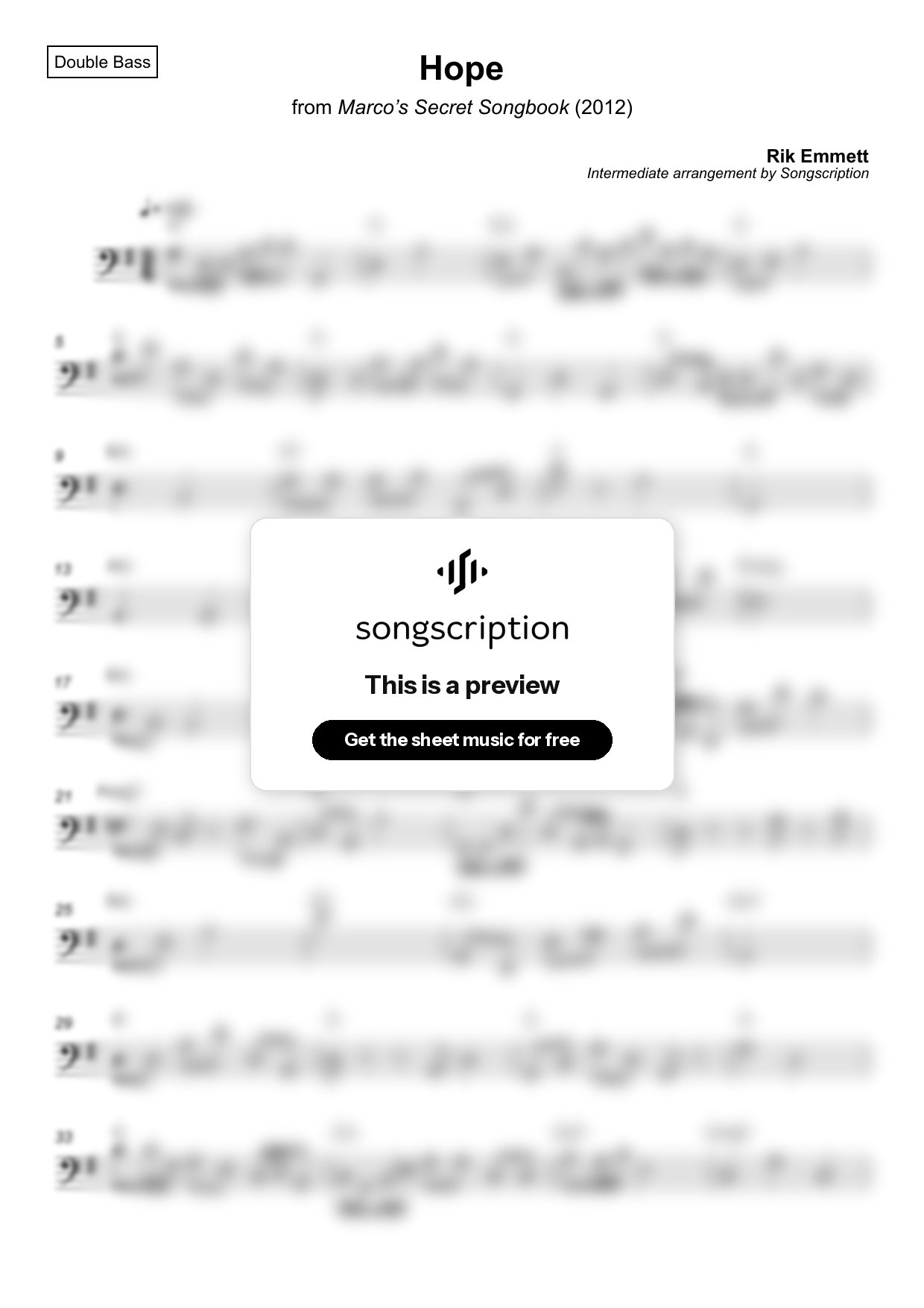 Intermediate Double Bass Sheet Music for "Hope" by Rik Emmett