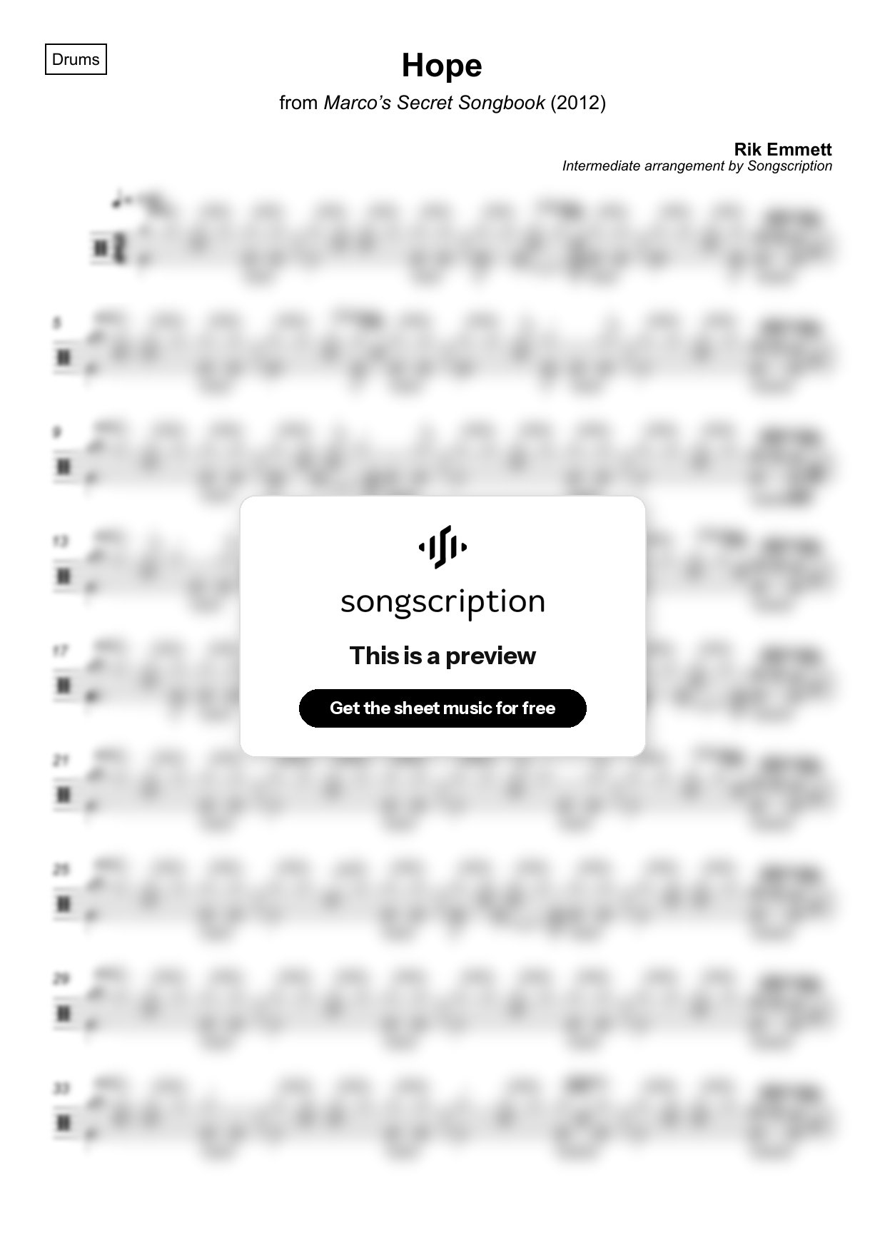 Intermediate Drums Sheet Music for "Hope" by Rik Emmett