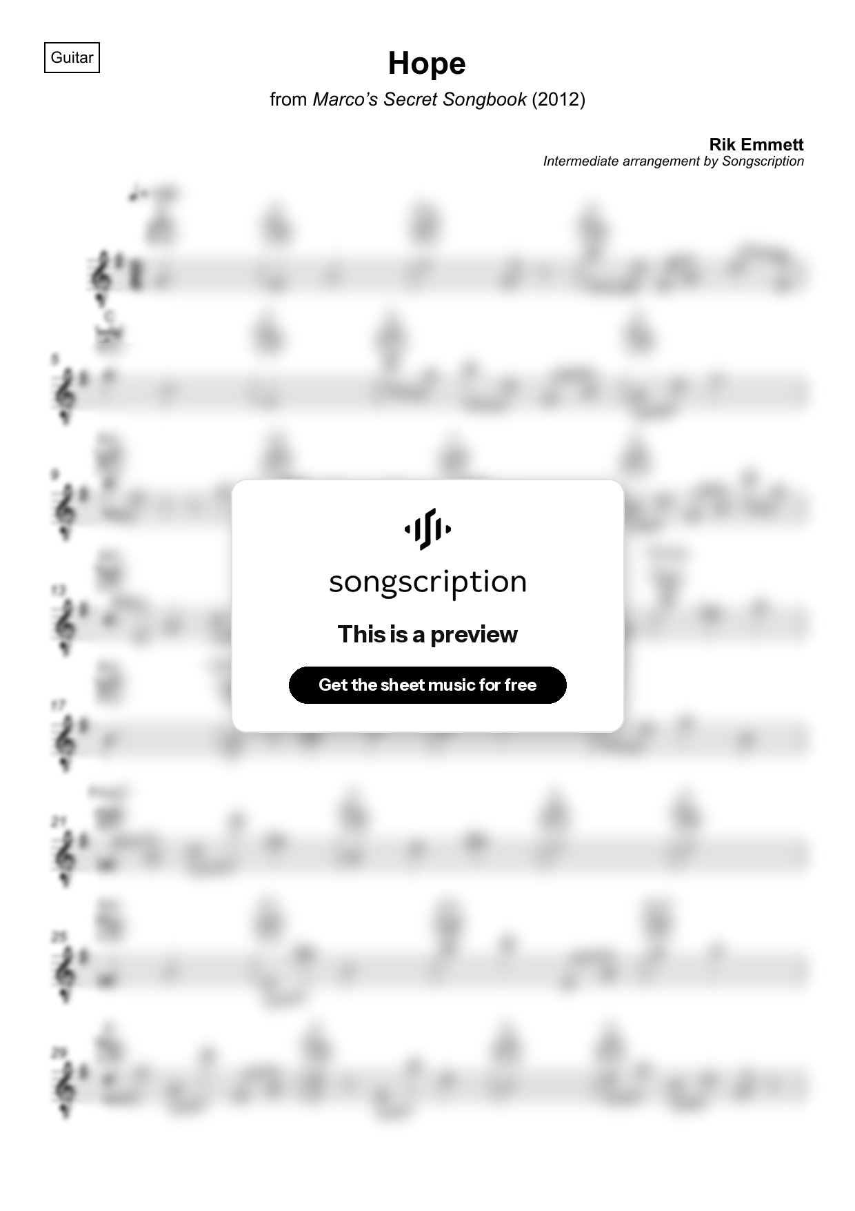 Intermediate Acoustic Guitar Sheet Music for "Hope" by Rik Emmett