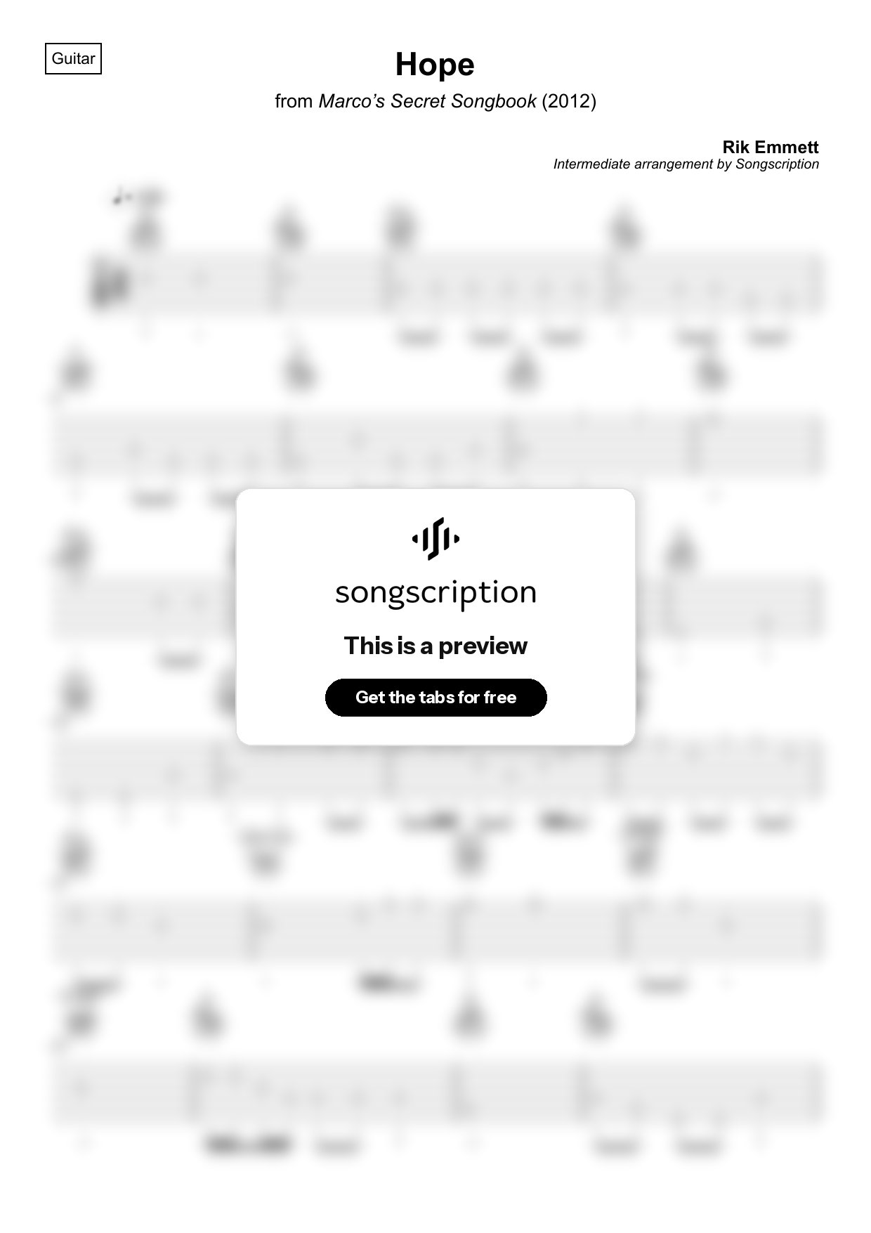 Intermediate Acoustic Guitar Tabs for "Hope" by Rik Emmett